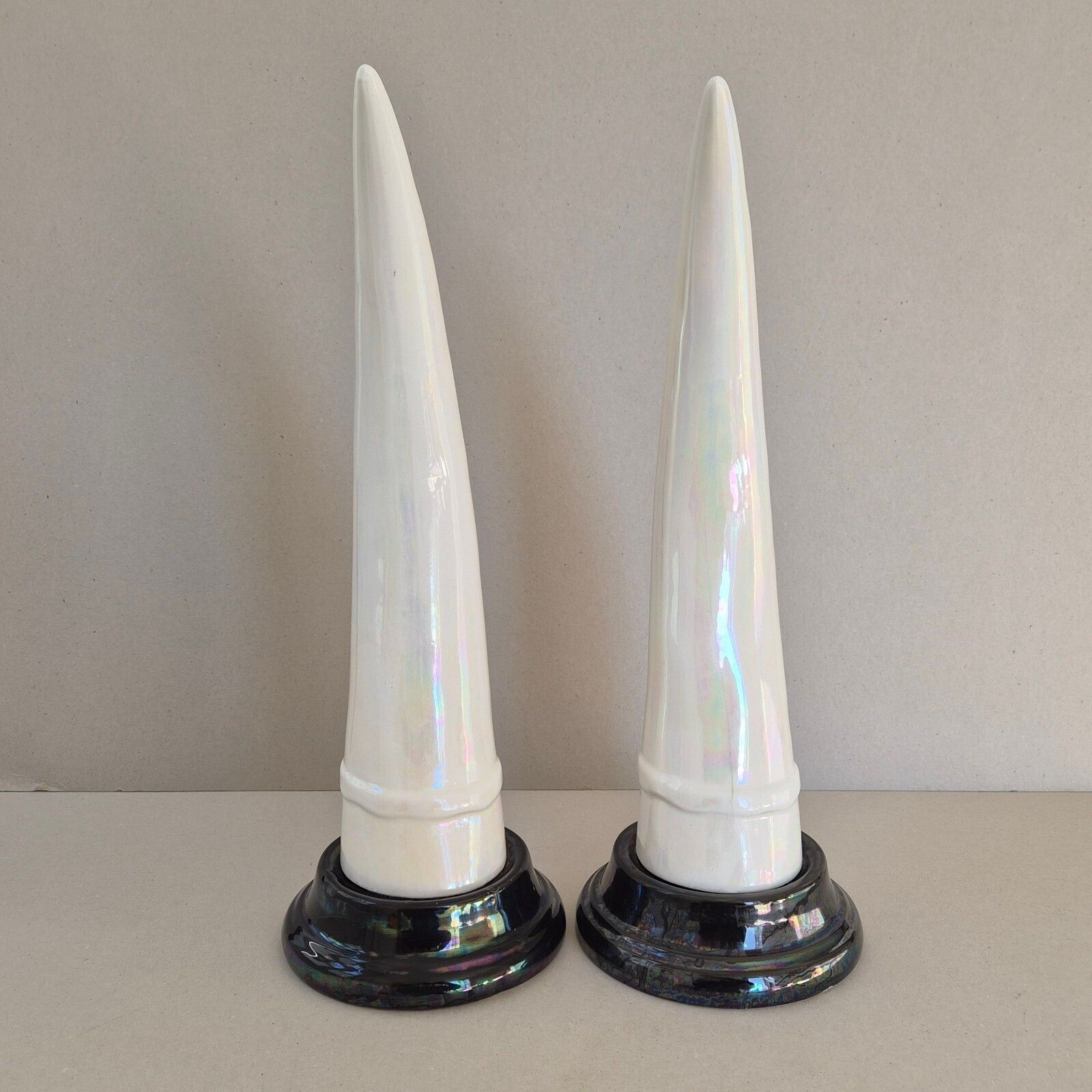 photo for sale Pair Of Vintage 1960s Elephant Tusses In White & Black Iridescent Ceramic
