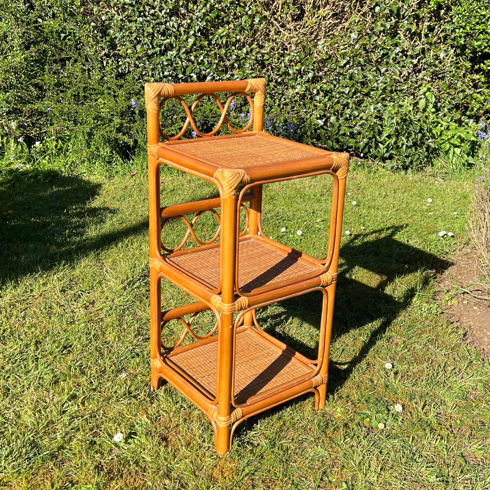 Vintage Bamboo Rattan Cane Bedside Table Stand, Boho Tiki Plant Stand Three Tier Side Table
