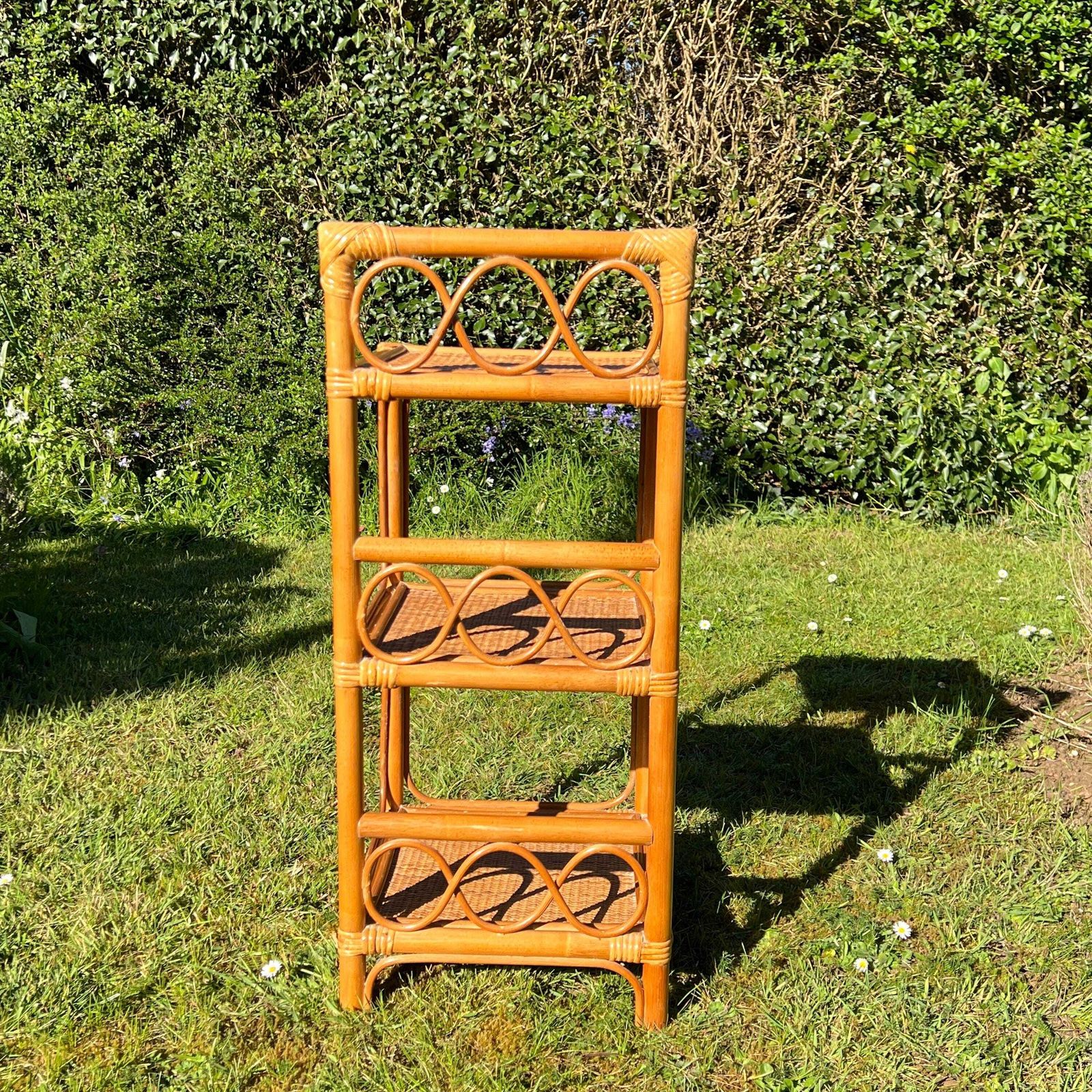 Vintage Bamboo Rattan Cane Bedside Table Stand, Boho Tiki Plant Stand Three Tier Side Table photo for sale