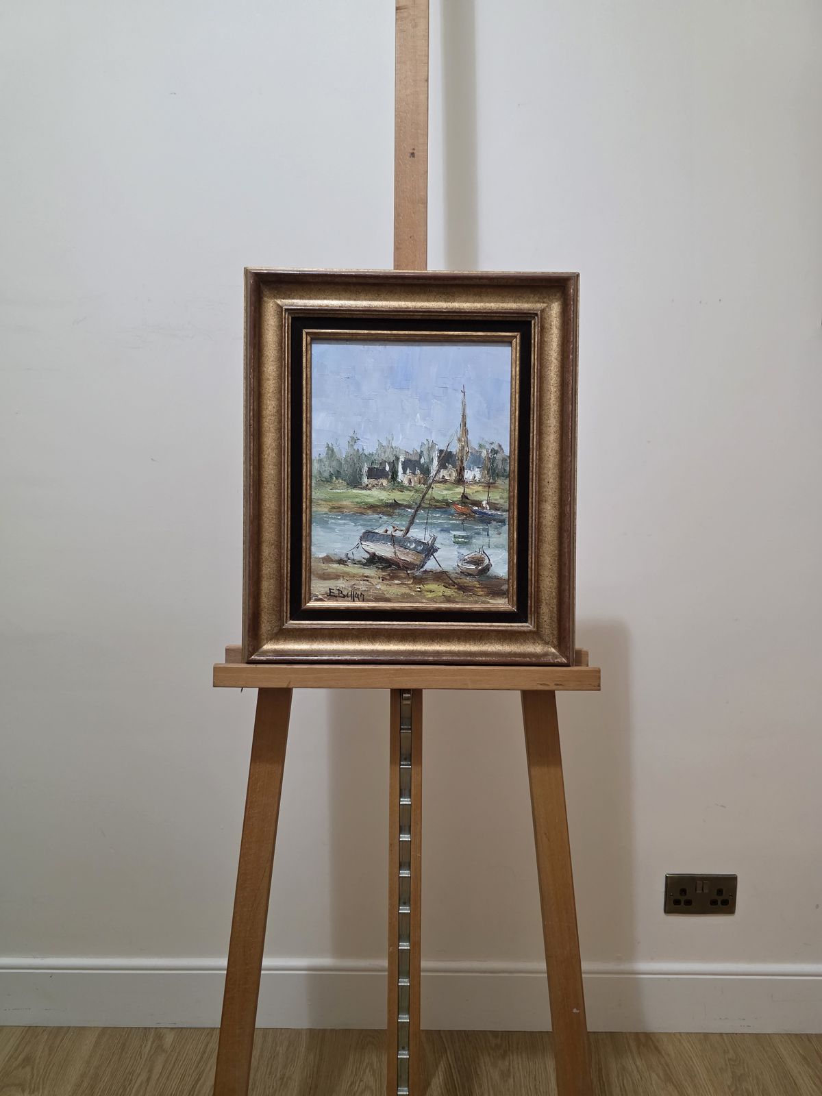 étienne Bellan Signed French Breton Harbour Scene Oil Painting, Framed. photo vinterior