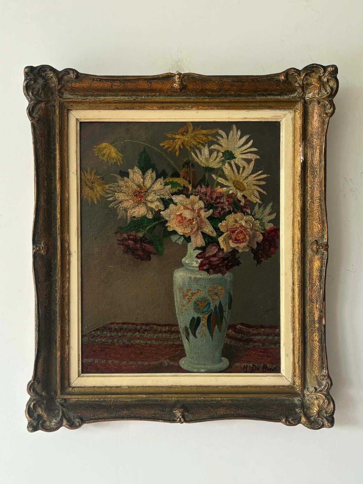 Floral Still Life Painting In Ornate Gilded Frame, Belgian Antique Romantic Cottage Wall Art, Classic Vase With Flowers