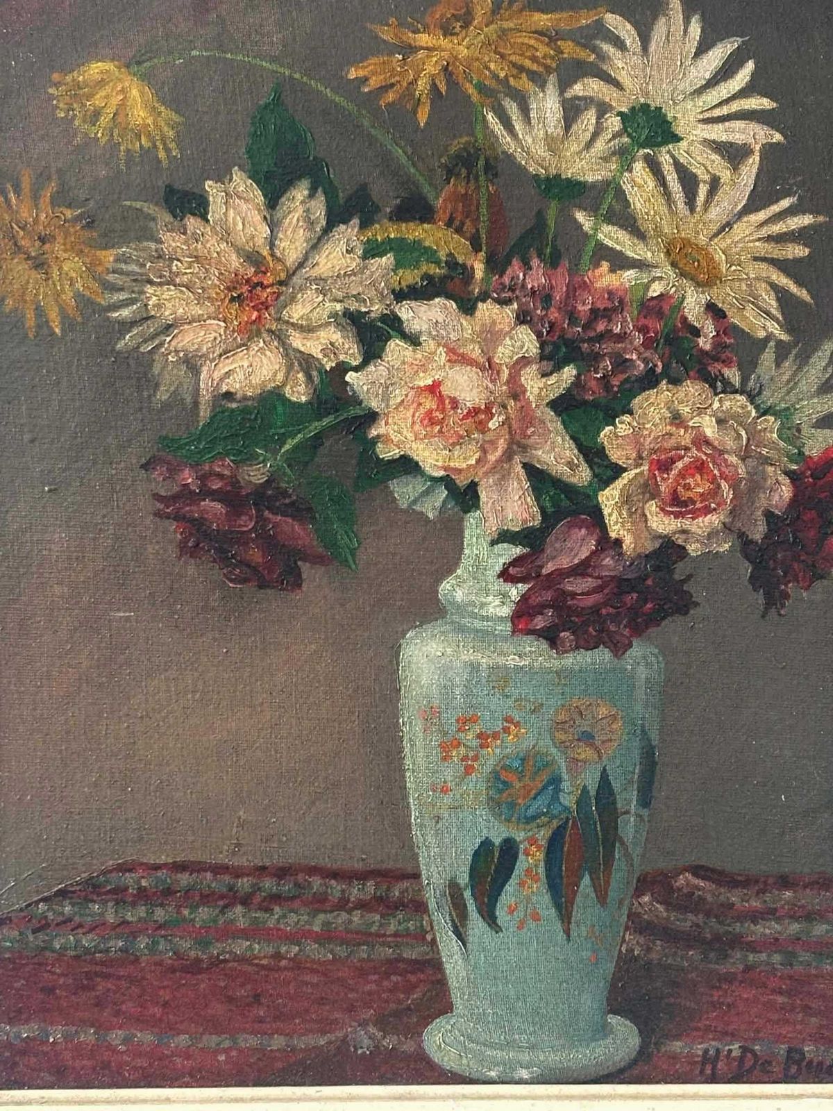 Floral Still Life Painting In Ornate Gilded Frame, Belgian Antique Romantic Cottage Wall Art, Classic Vase With Flowers photo furniture