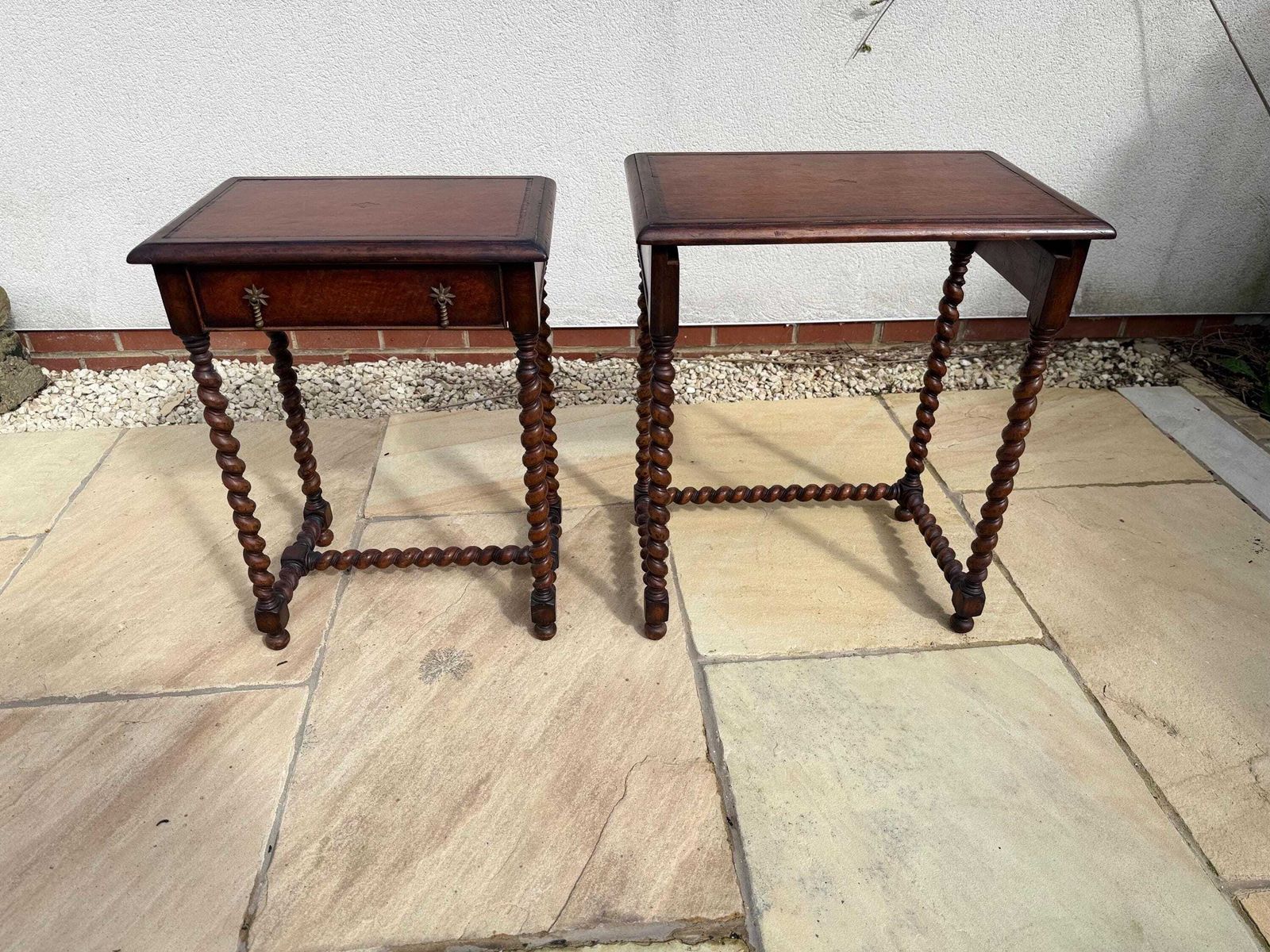 Jonathan Charles/Harrods Walnut Barley Twist Nest Of Two Tables With Leather Inset And Single Drawer To Small Table photo Furniture