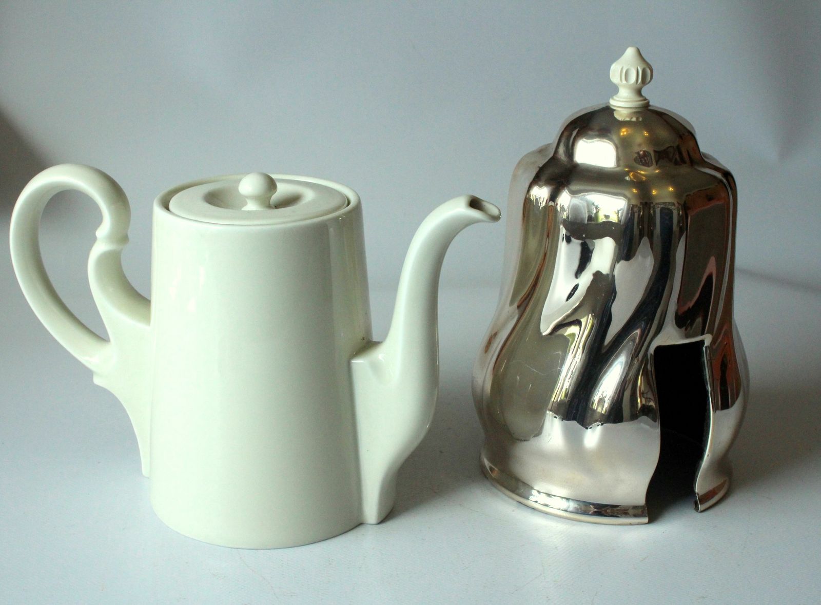 1950s   Hke   High Quality Porcelain Coffee Pot With Silver Plated Metal Isolated Warming Hood   Vintage photo furniture