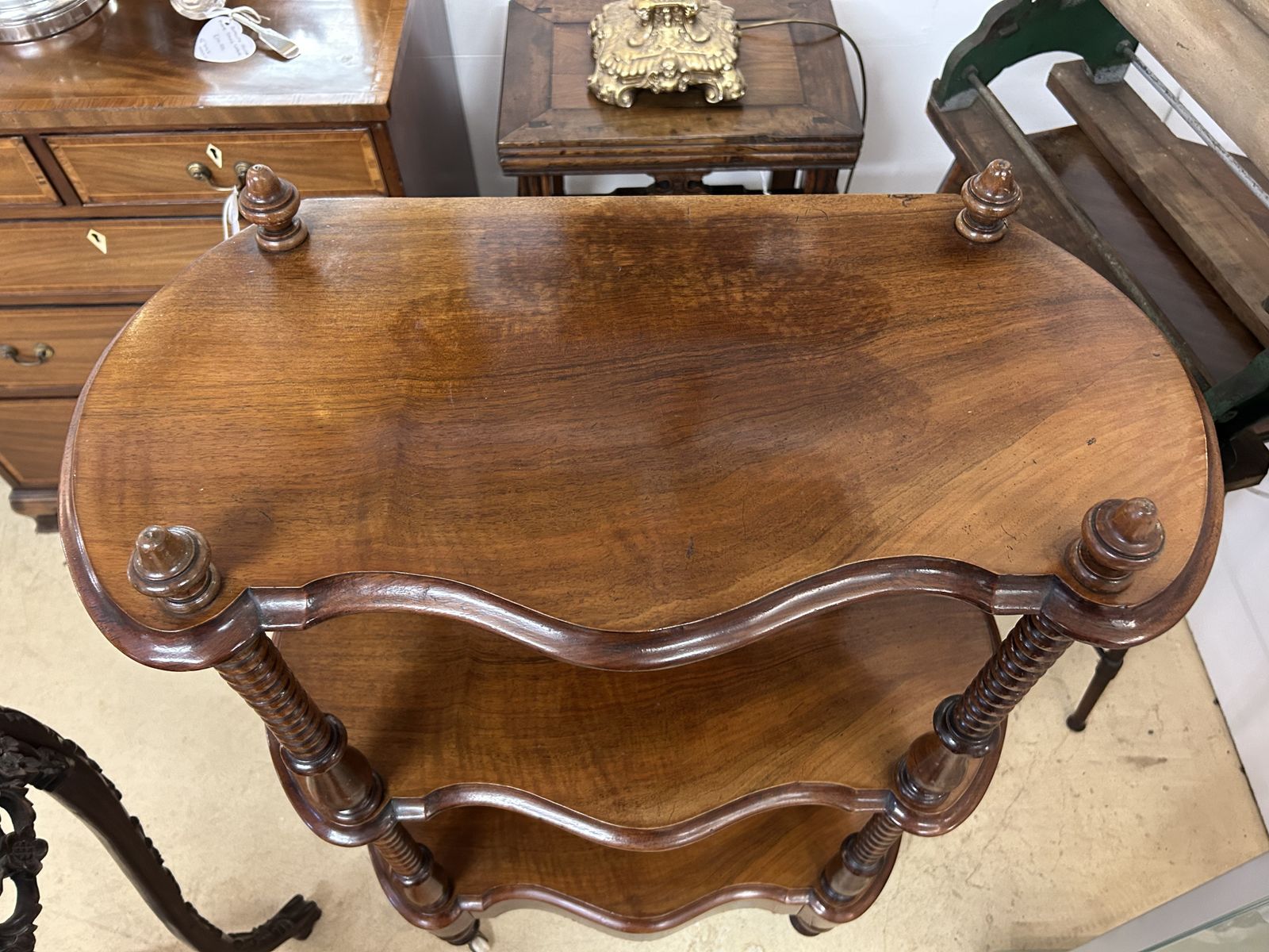 photo for sale Antique Mahogany 3 Shelf What Not With Drawer On Castors