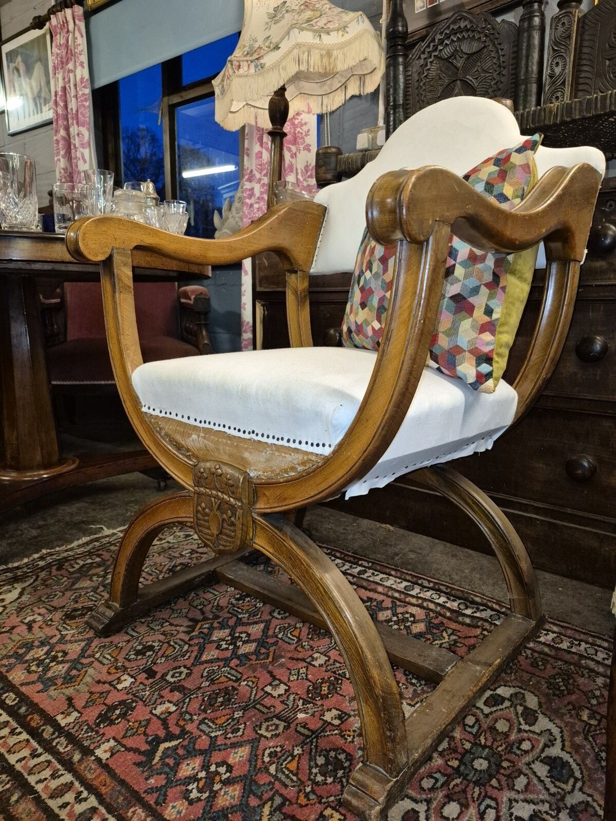 An Epic Sturdy In Calico Iconic X Frame Victorian Armchair In Creamy Satinwood photo for sale