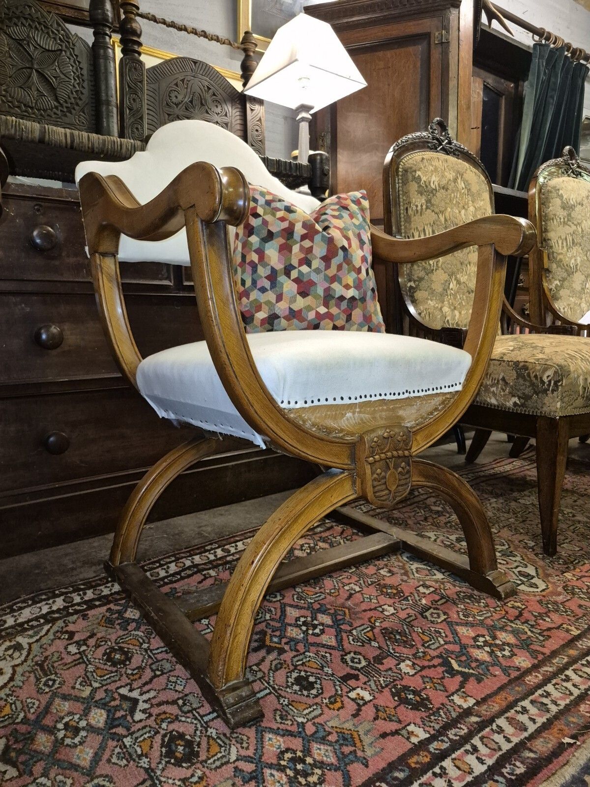 photo vinterior An Epic Sturdy In Calico Iconic X Frame Victorian Armchair In Creamy Satinwood