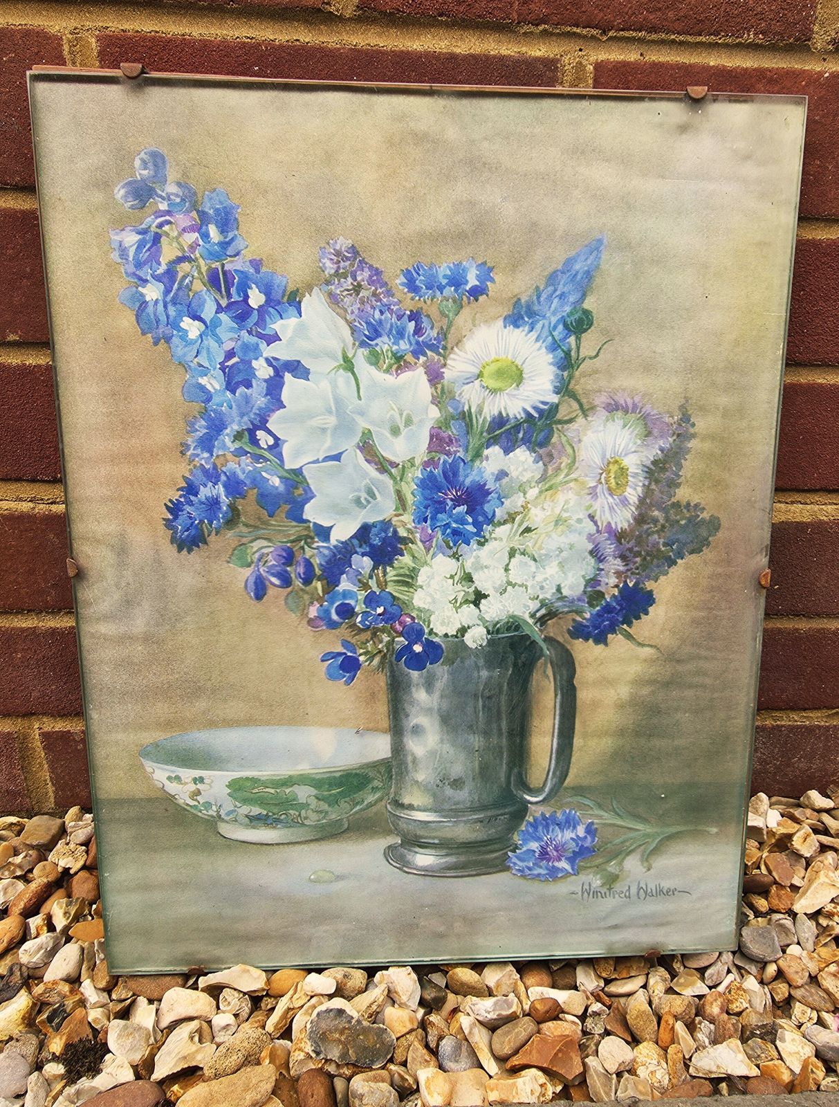 Original Glassfronted Watercolour Of Delphinium Bouquet By Winifred Walker (1882 1965)