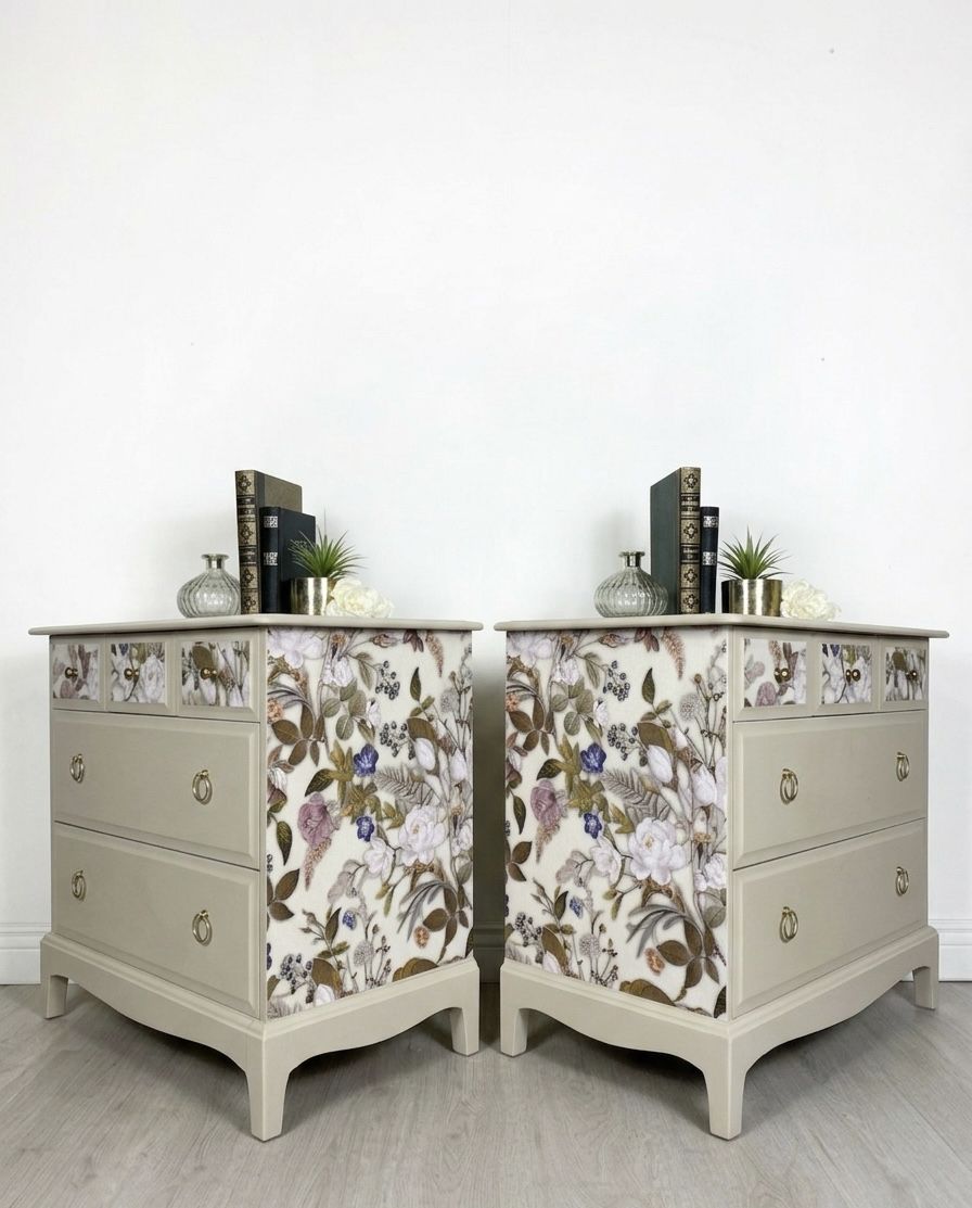 Stag Floral Neutral Oversized Bedside Cabinets | Vintage Pair Uk photo furniture