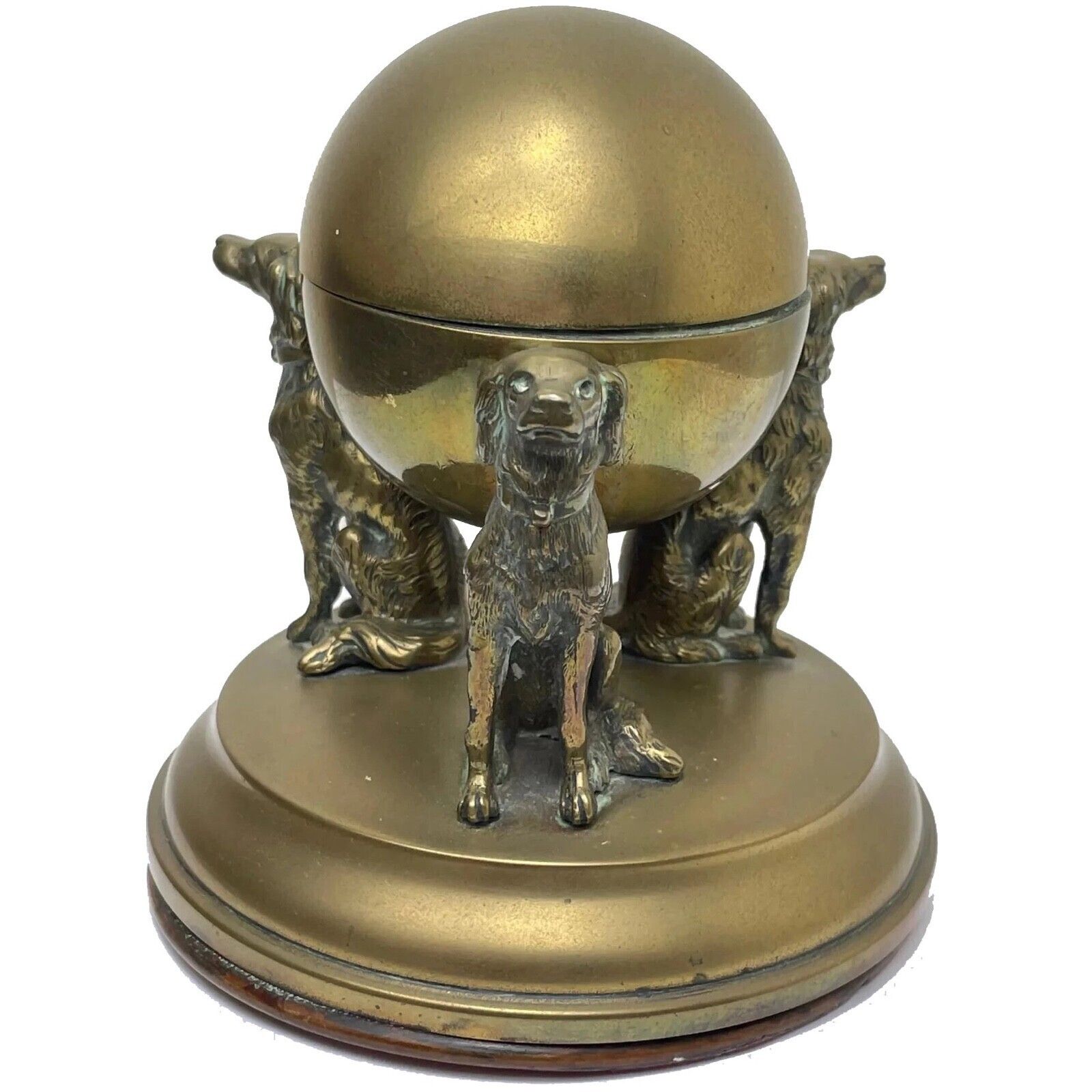Victorian Brass Inkwell With Irish Setter Dogs Globe