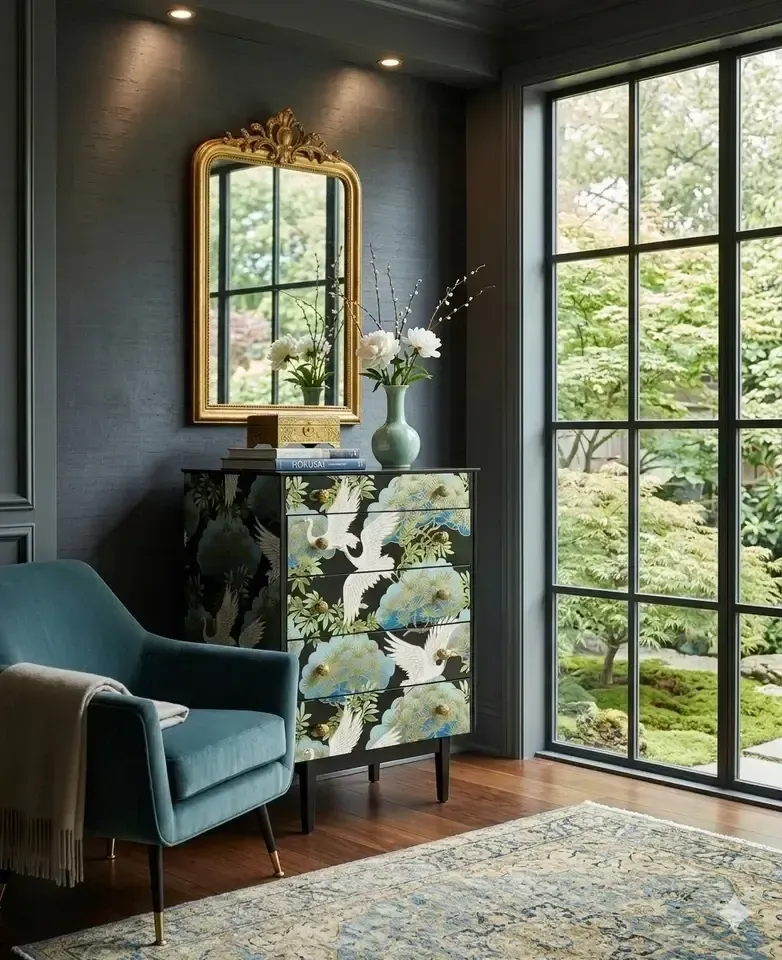 Upcycled Vintage Mid Century Chest Of Drawers With Chinoiserie Design photo furniture