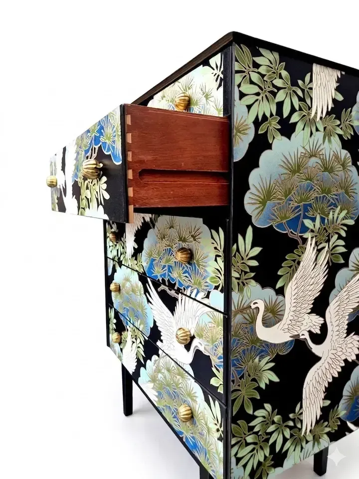 Furniture Upcycled Vintage Mid Century Chest Of Drawers With Chinoiserie Design photo