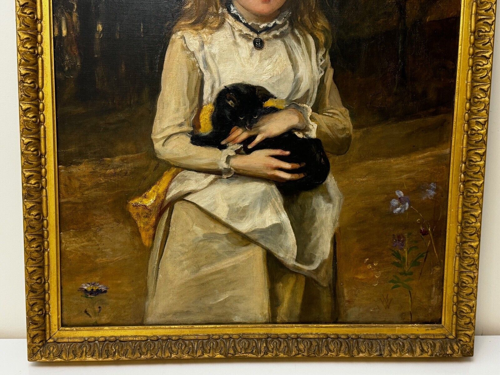 Victorian Oil Painting Girl With Kitten C.1890 Henry Weigall British Portrait, Large Gilt Frame photo 5500.0