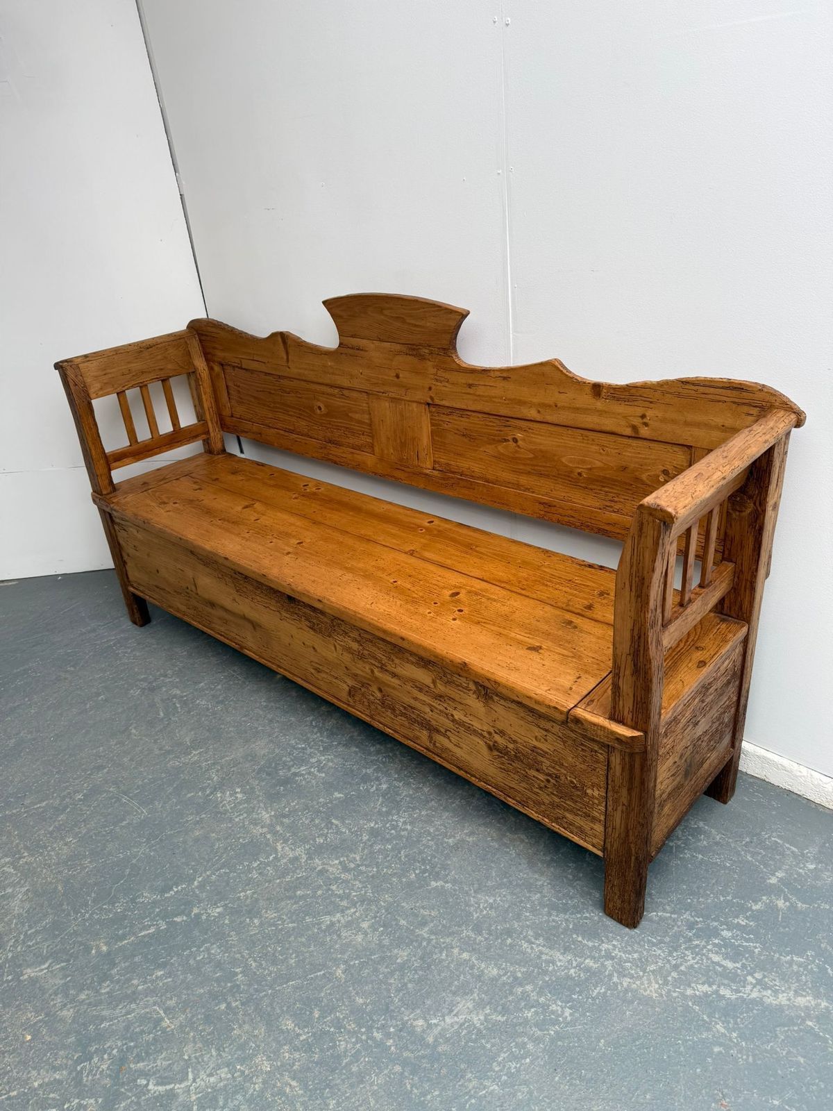 A Rare Georgian Country Primitive Hungarian Waxed 3 Seater Box Settle