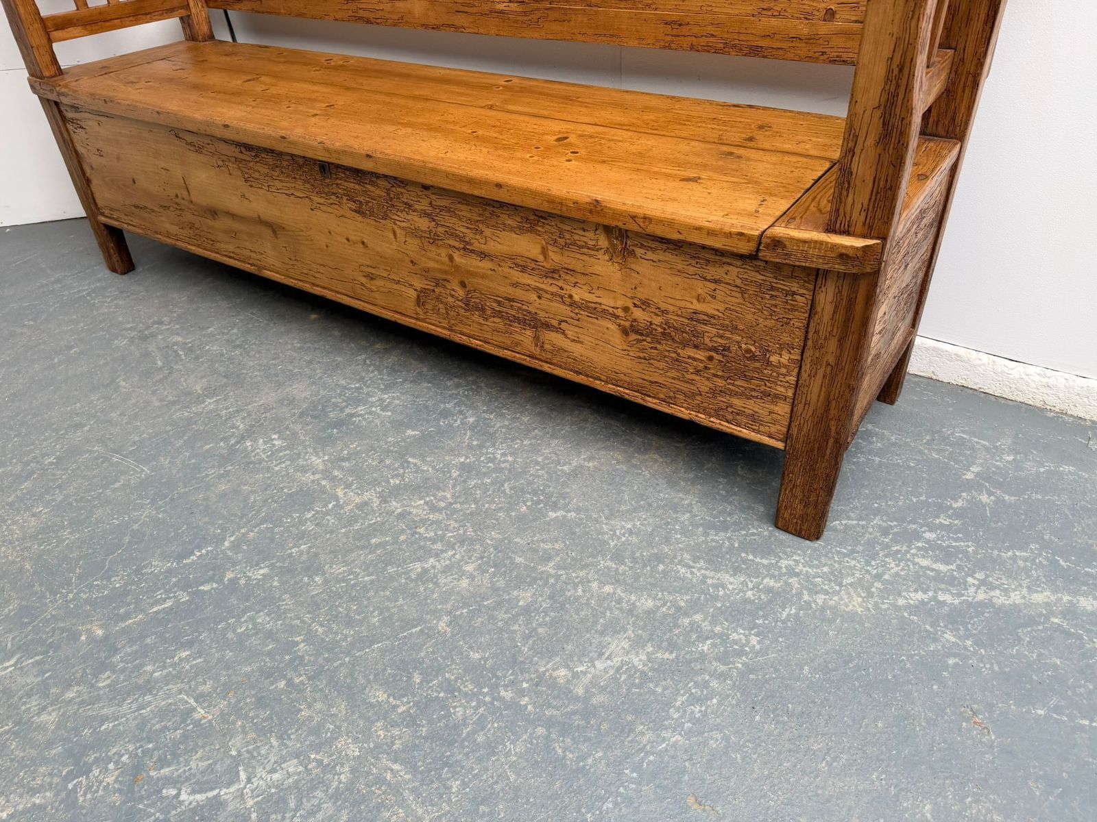 A Rare Georgian Country Primitive Hungarian Waxed 3 Seater Box Settle photo for sale