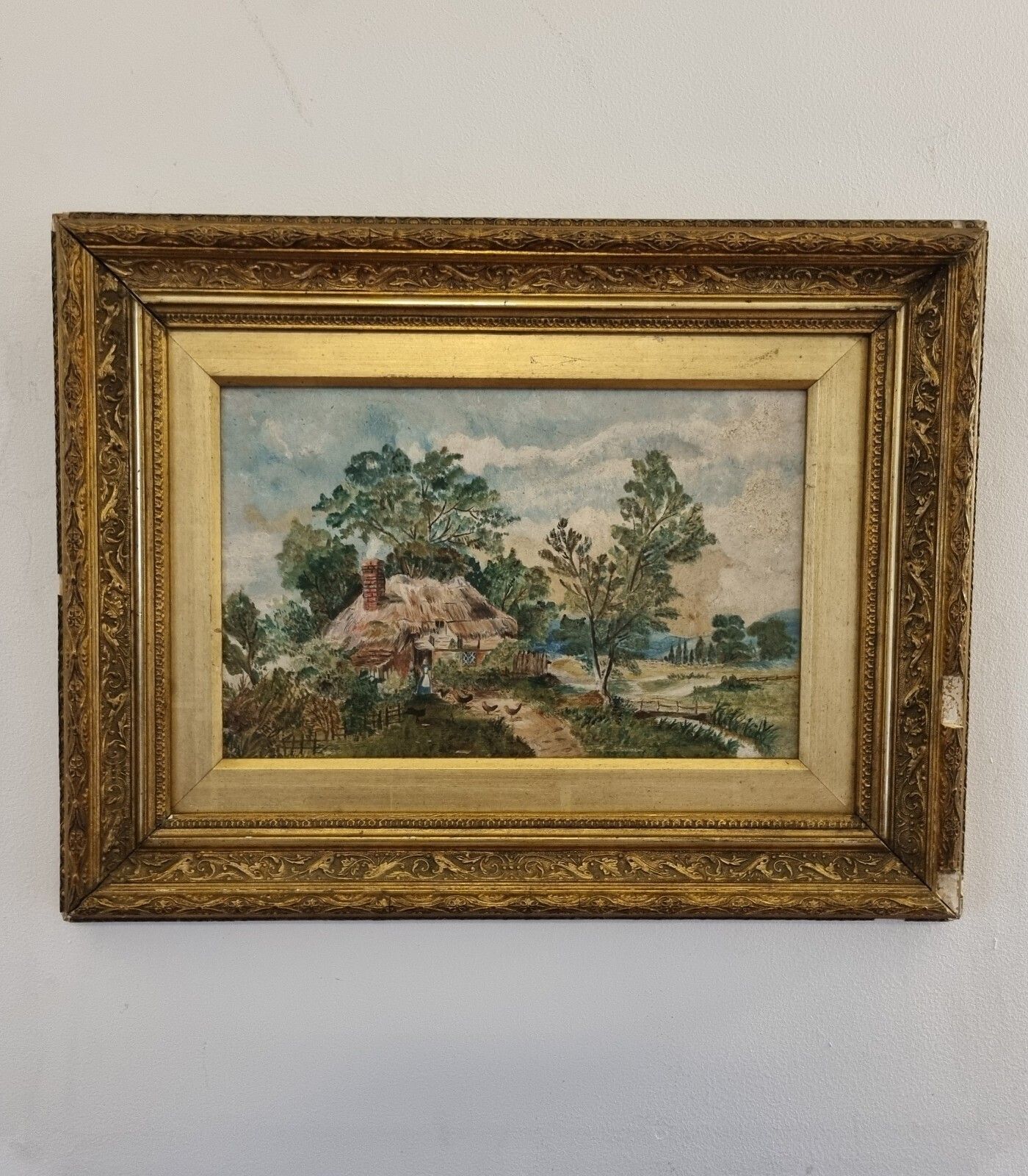 Vintage Early 20th Oil Painting Cottage Farm Landscape Antique Gilt Framed