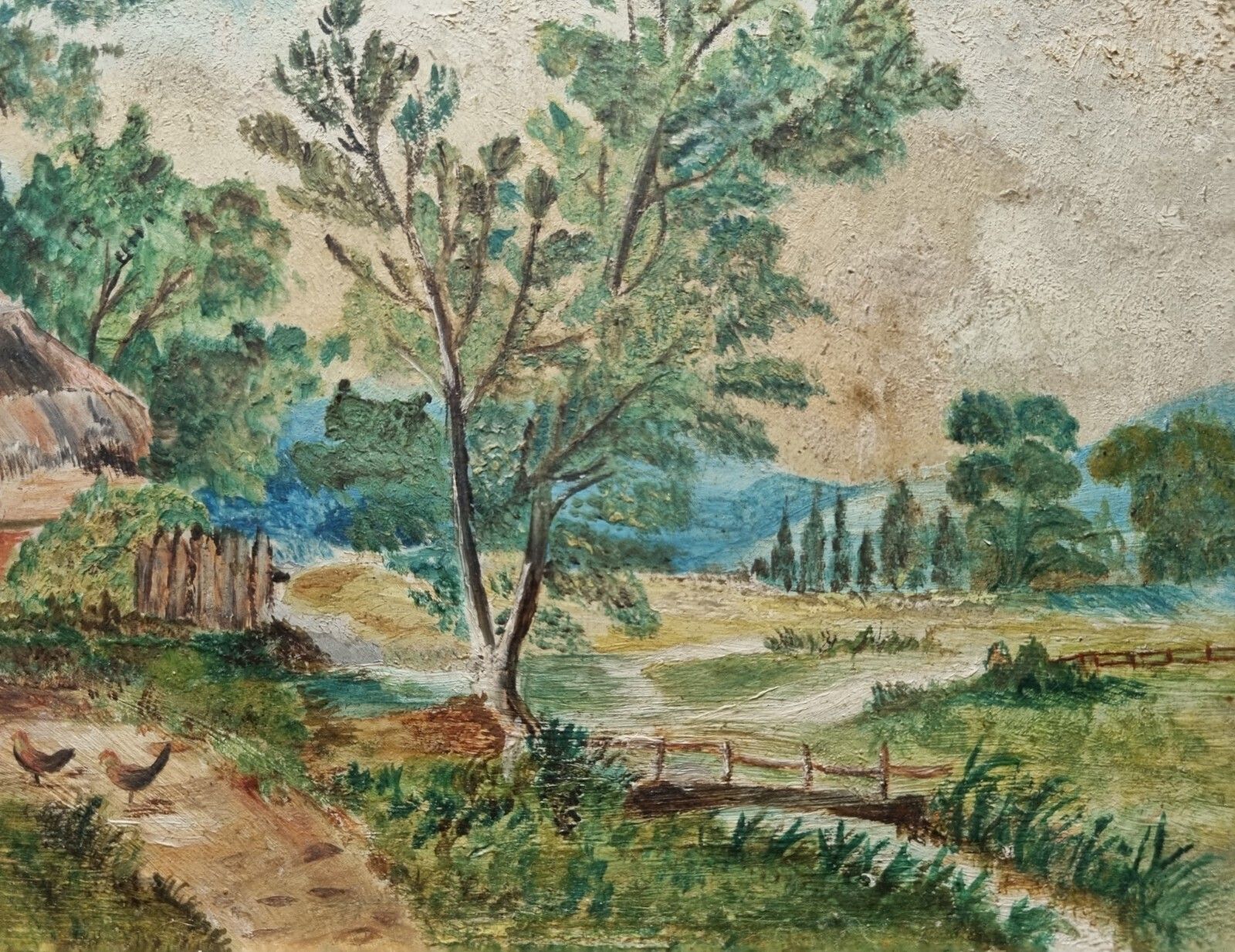 Vintage Early 20th Oil Painting Cottage Farm Landscape Antique Gilt Framed photo vintage