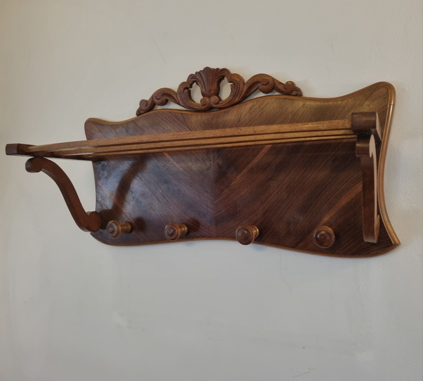 photo for sale Vintage Ornate Wooden French Coat & Hat Rack 4 Hooks Wall Mounted Walnut Veneer