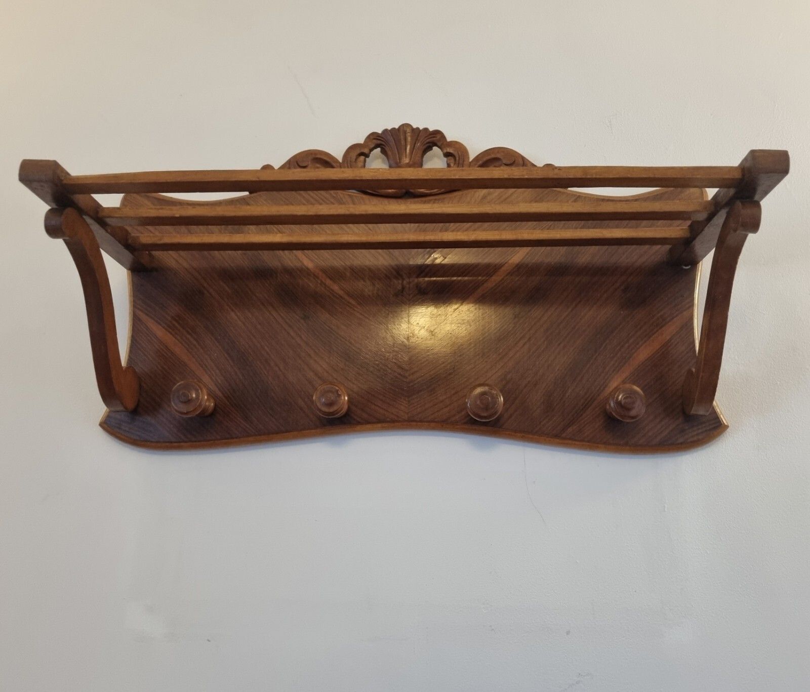 145.0 Vintage Ornate Wooden French Coat & Hat Rack 4 Hooks Wall Mounted Walnut Veneer photo