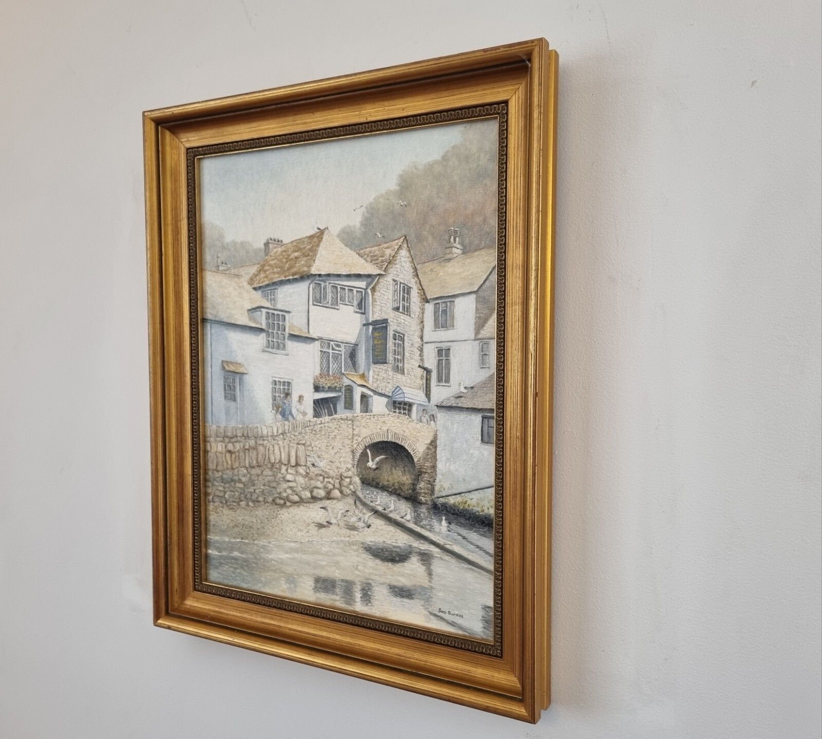 Vintage Oil Painting Sam Burden Roman Bridge Polperro Cornwall Seaside Signed photo Art