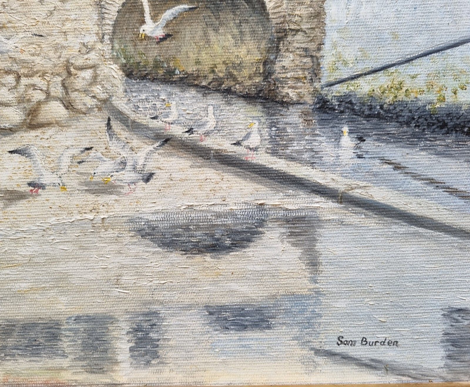 Art Vintage Oil Painting Sam Burden Roman Bridge Polperro Cornwall Seaside Signed photo