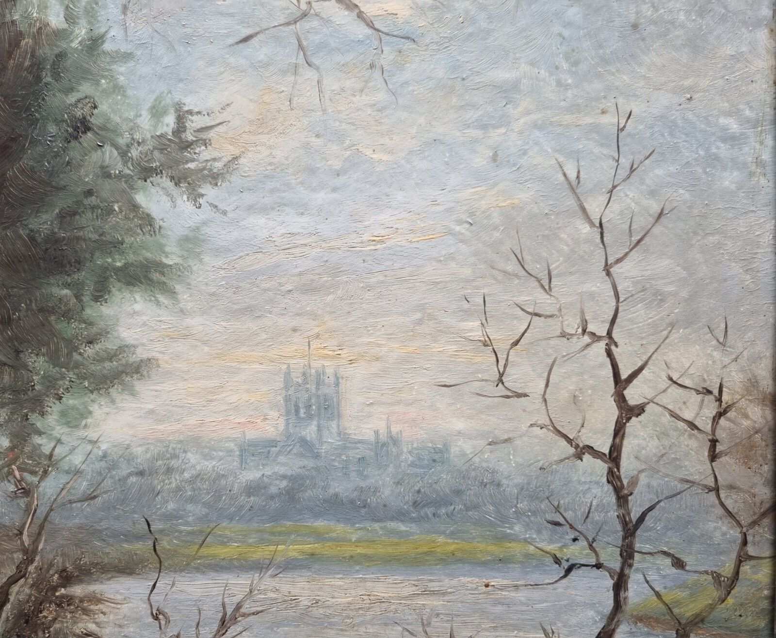 Antique Landscape Oil Painting On Board Signed Morton River Path Cathedral photo vintage