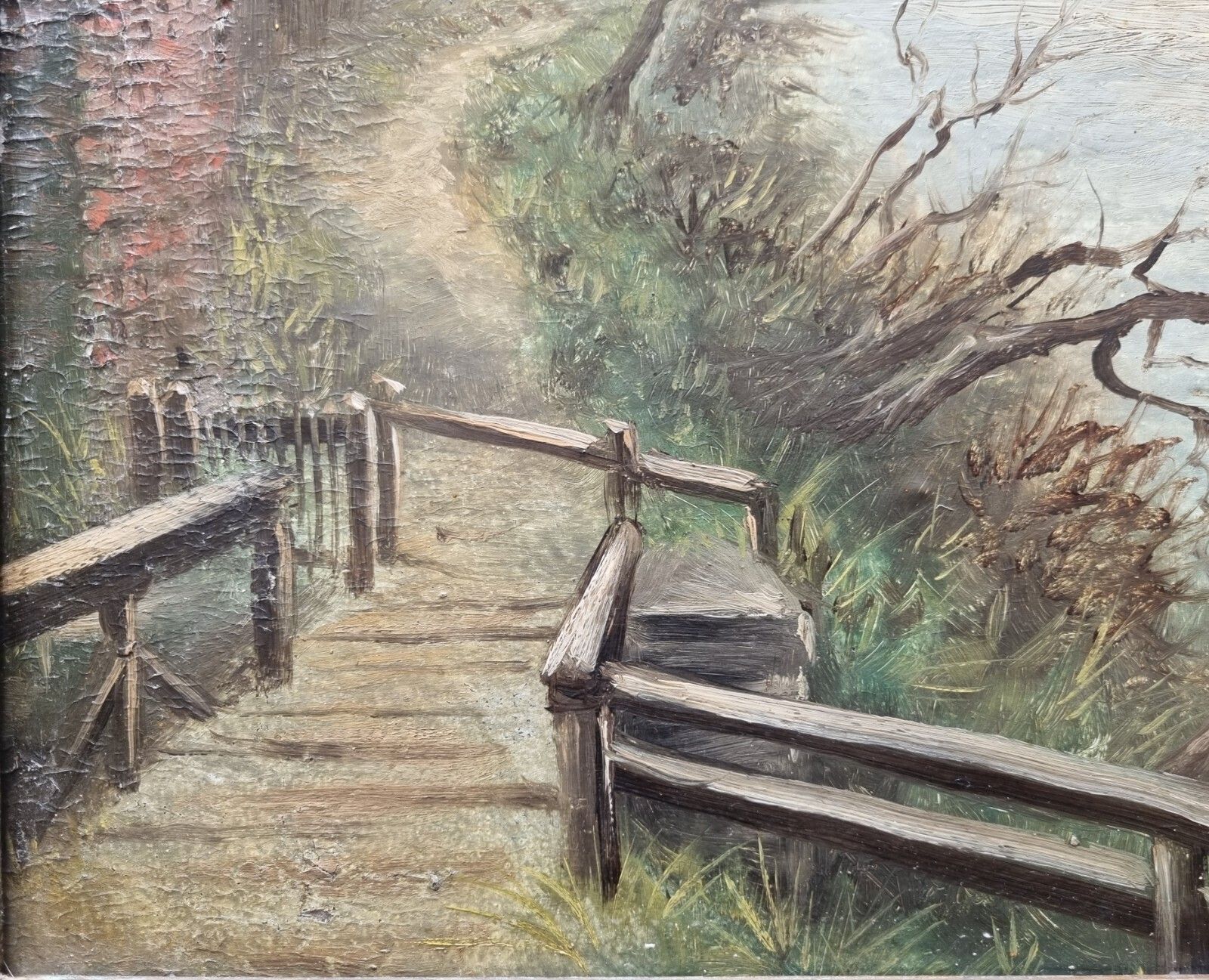 photo for sale Antique Landscape Oil Painting On Board Signed Morton River Path Cathedral