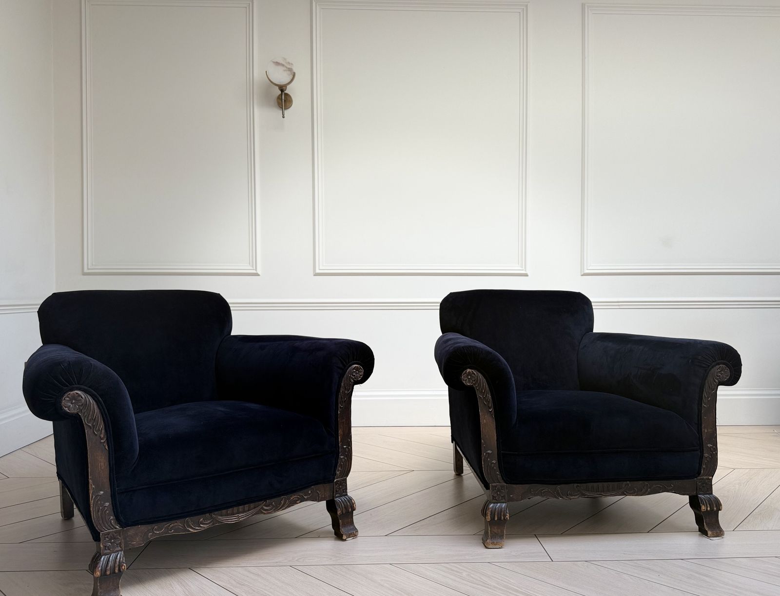 Pair Of Art Deco Velvet Armchairs, Reupholstered In Linwood Omega Black Velvet photo for sale