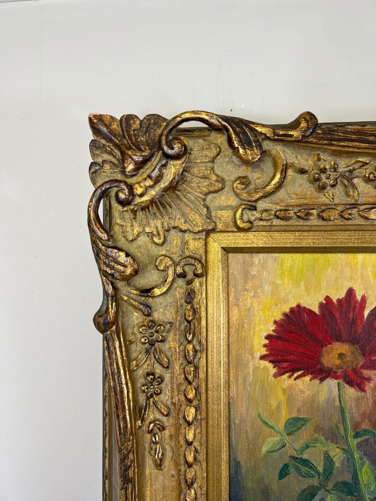 Vintage French Oil Painting Floral Still Life Framed Carved Signed Lot 5112. photo vinterior