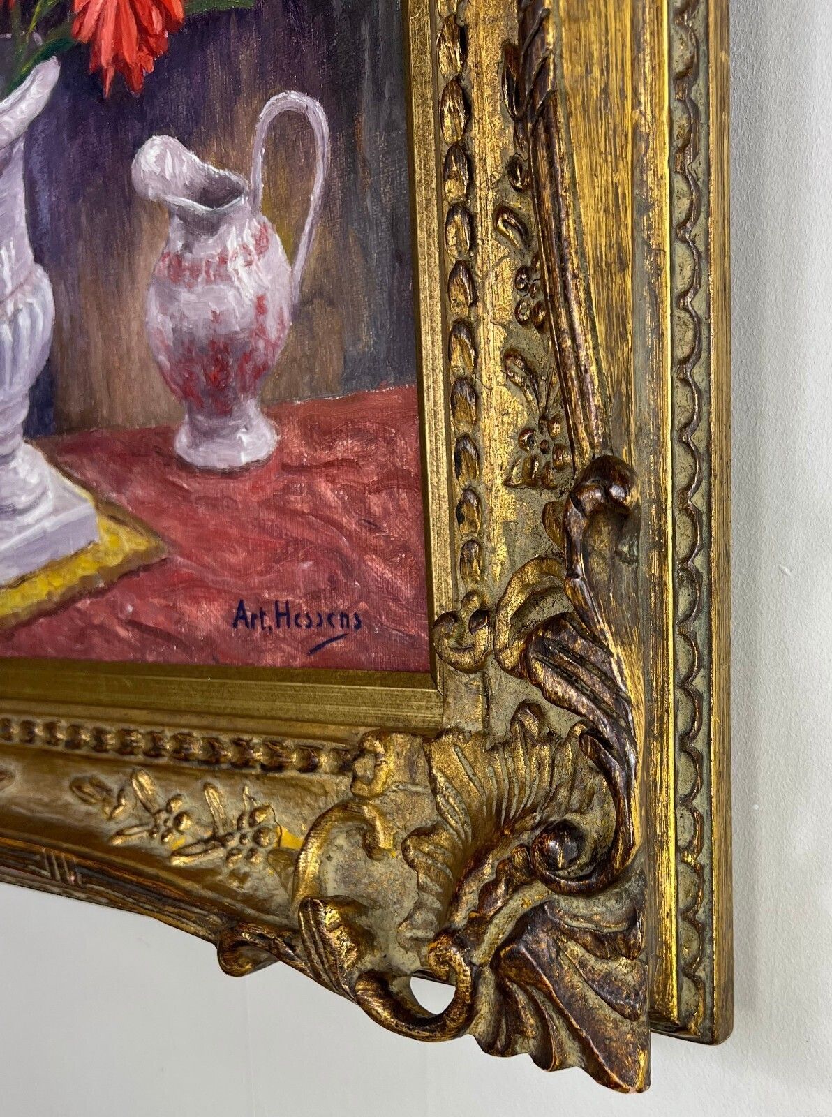 photo furniture Vintage French Oil Painting Floral Still Life Framed Carved Signed Lot 5112.