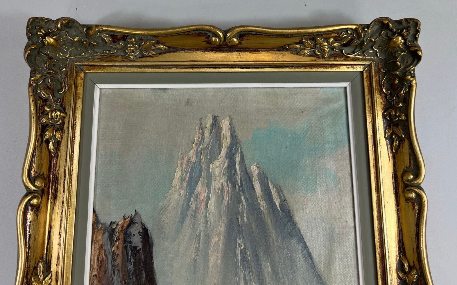 Painting Vintage Oil Landscape Mountain Deer Signed Framed Carved Lot 5113. photo Art