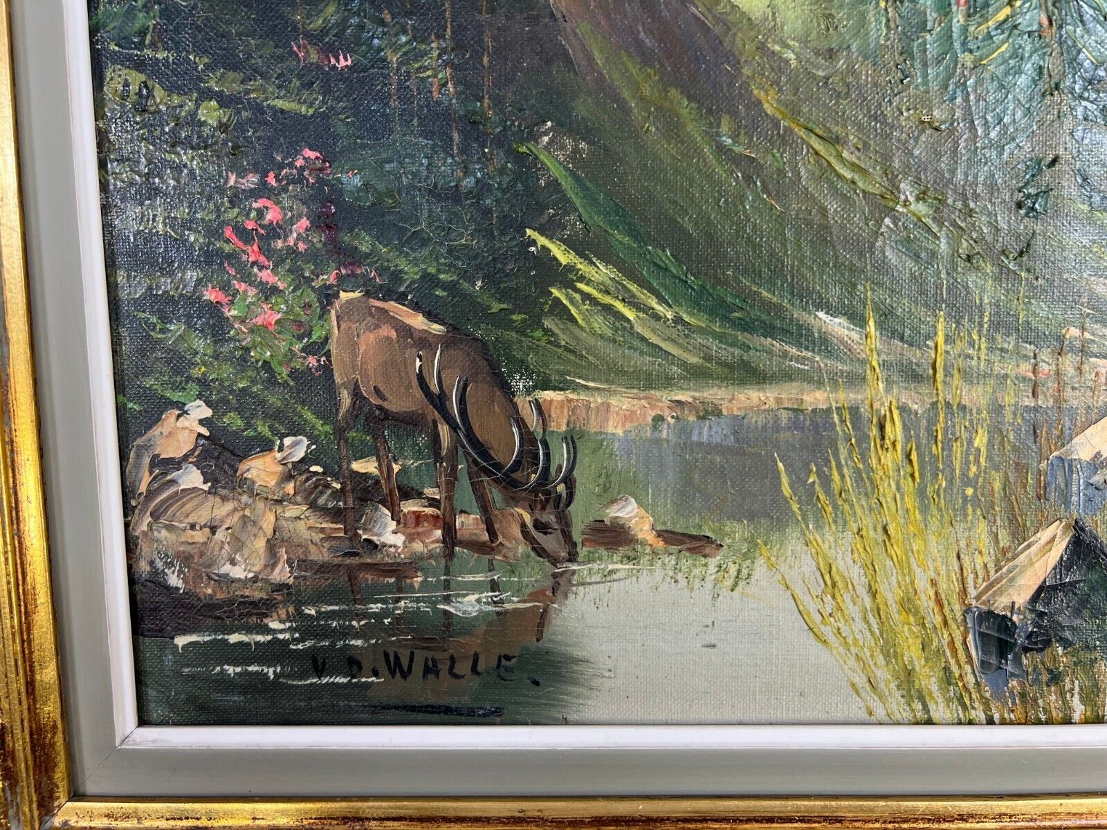 photo furniture Painting Vintage Oil Landscape Mountain Deer Signed Framed Carved Lot 5113.