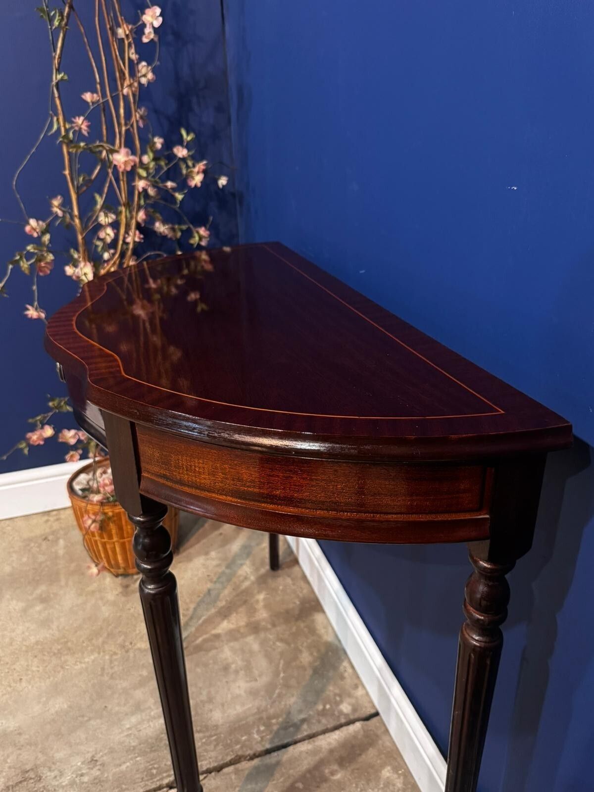 Vintage Burr Mahogany Veneered Demi Lune Console Table Hall Side Plant Stand. photo buy