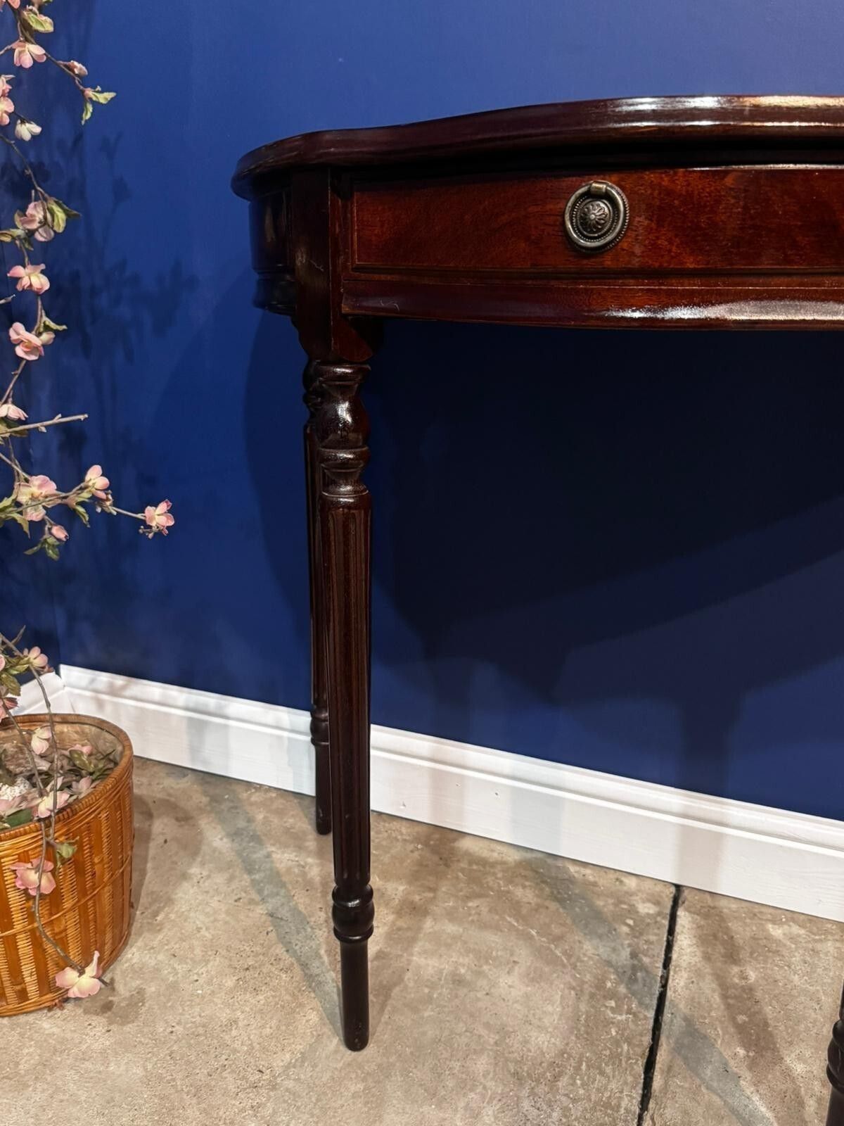 Vintage Burr Mahogany Veneered Demi Lune Console Table Hall Side Plant Stand. photo vintage