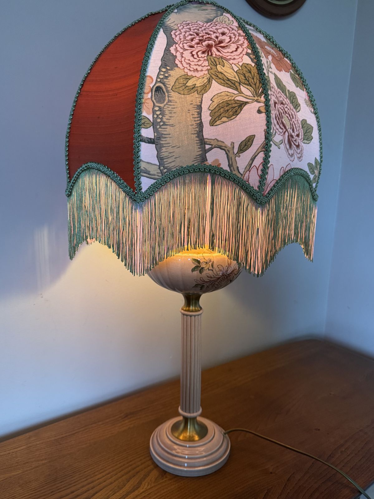 A Unique Vintage French Napoleonic Style Sectional Ceramic Table Lamp With Hand Sewn Shade.