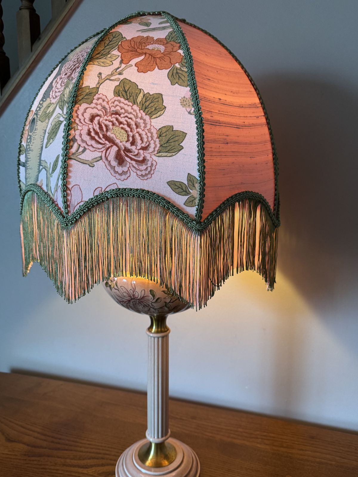 A Unique Vintage French Napoleonic Style Sectional Ceramic Table Lamp With Hand Sewn Shade. photo for sale