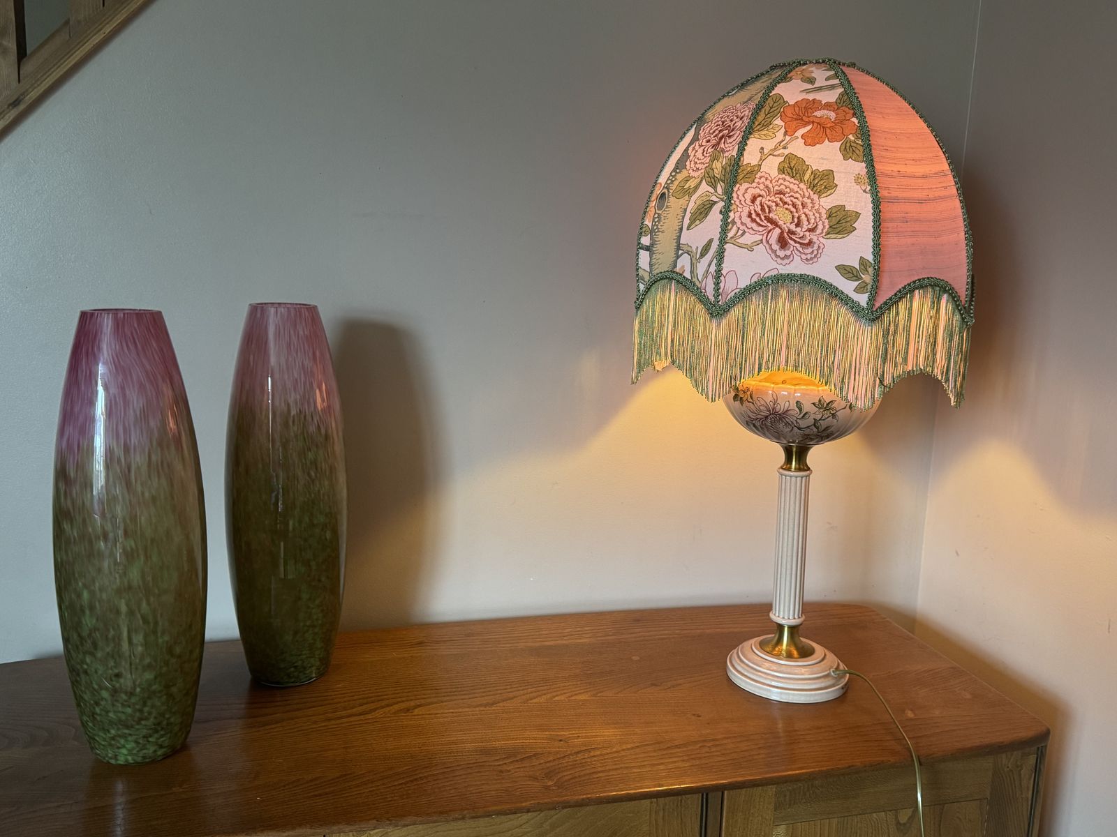 photo for sale A Unique Vintage French Napoleonic Style Sectional Ceramic Table Lamp With Hand Sewn Shade.
