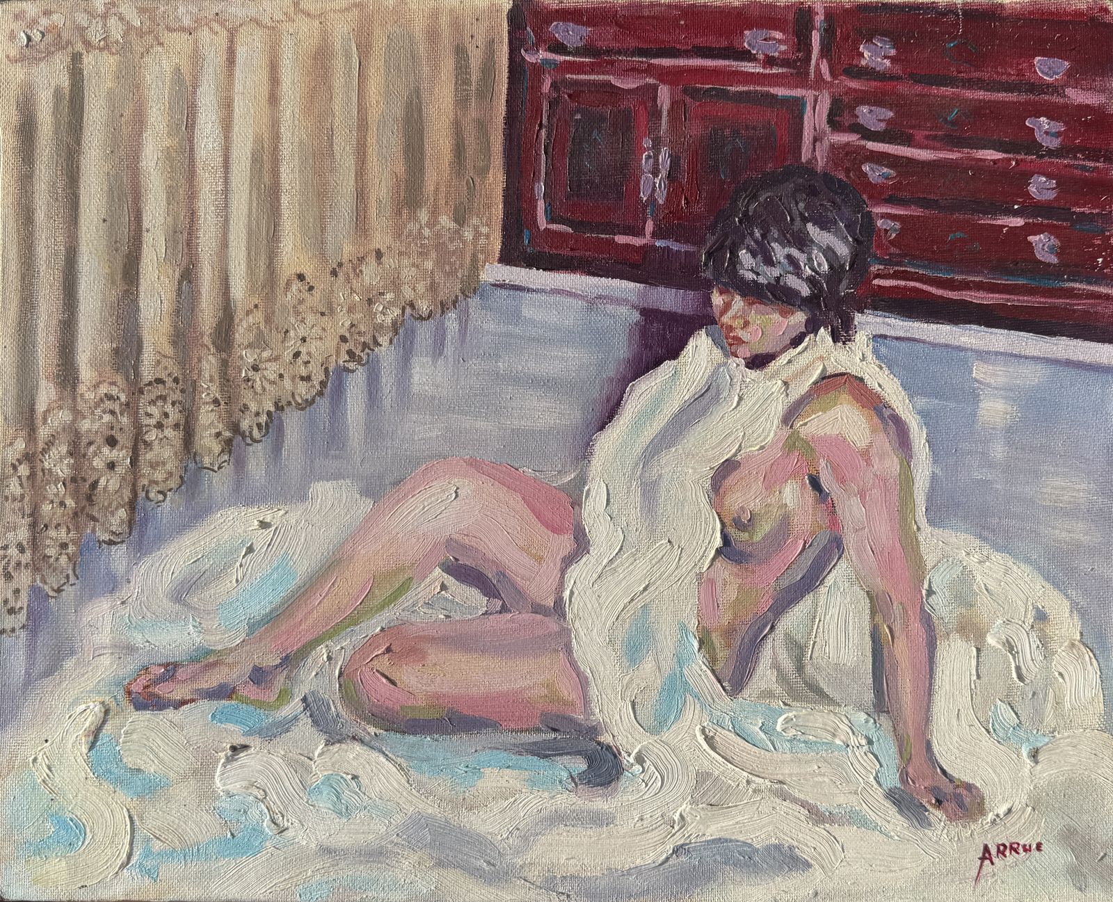 Jordi Arrue Spanish Expressionist Female Nude Interior Figurative Oil Canvas Painting 1980s 1981