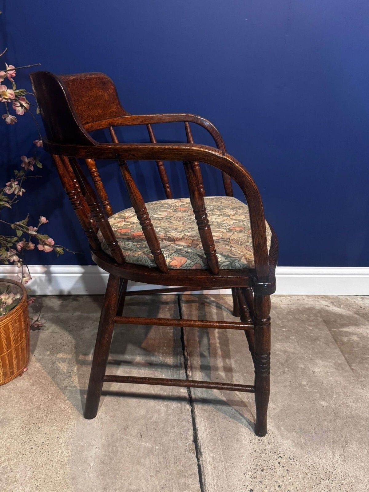 photo for sale Antique Oak Captain's Chair Bow Windsor Smokers Armchair Spindle Back Vintage.