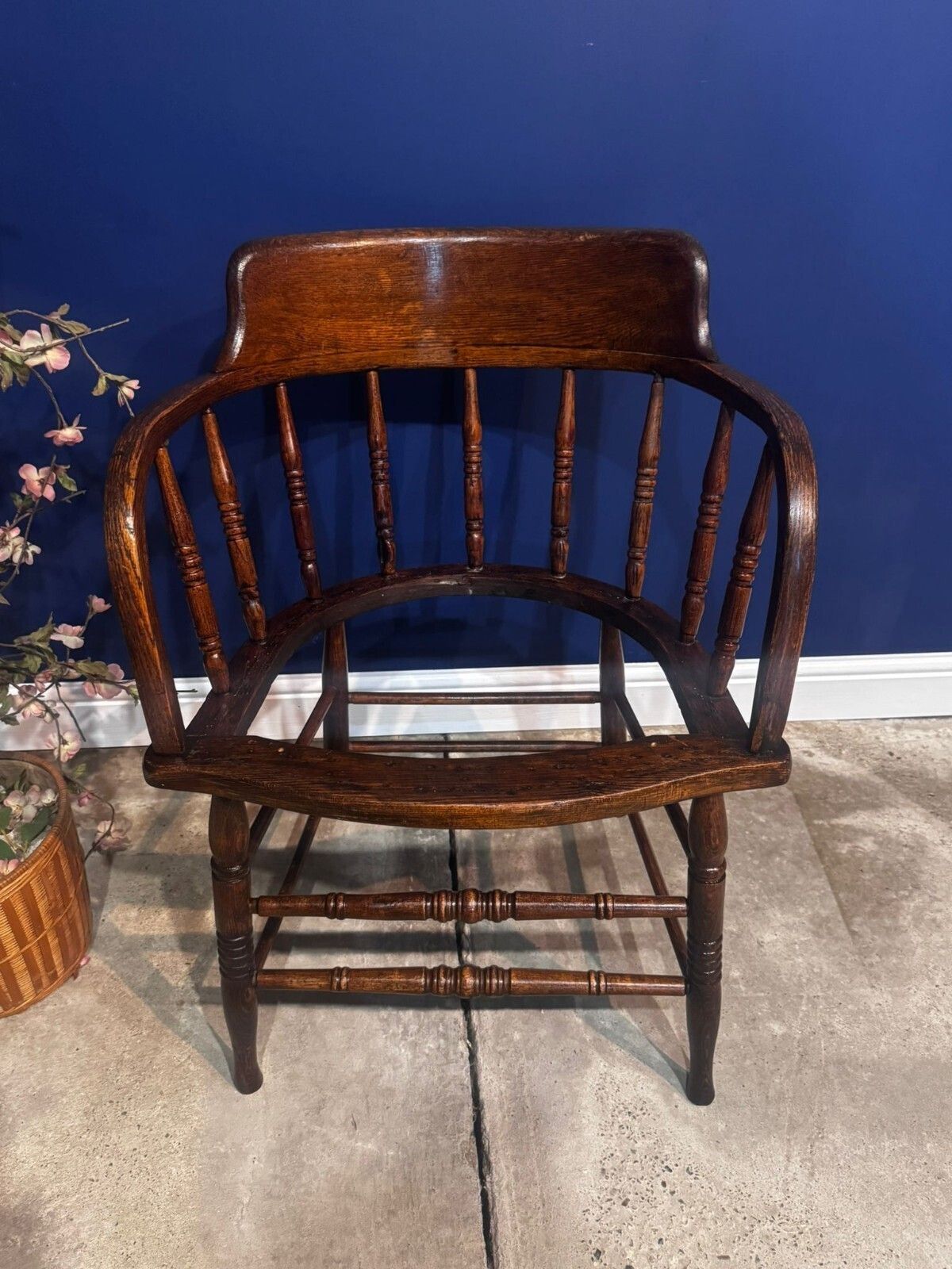 photo buy Antique Oak Captain's Chair Bow Windsor Smokers Armchair Spindle Back Vintage.