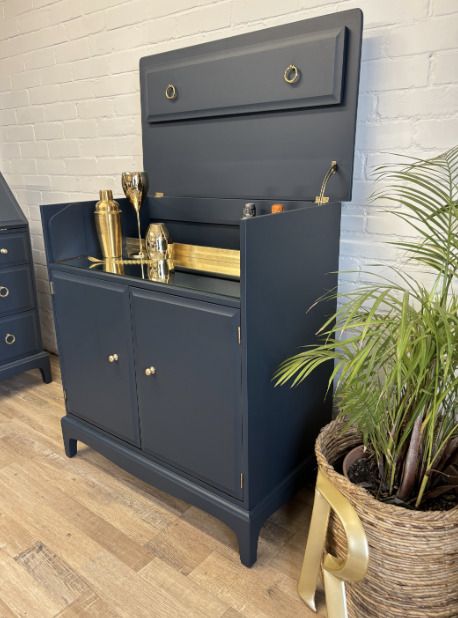photo buy Stag Minstrel Drinks Cabinet Painted In Midnight Ink With A Touch Of Gold Leaf