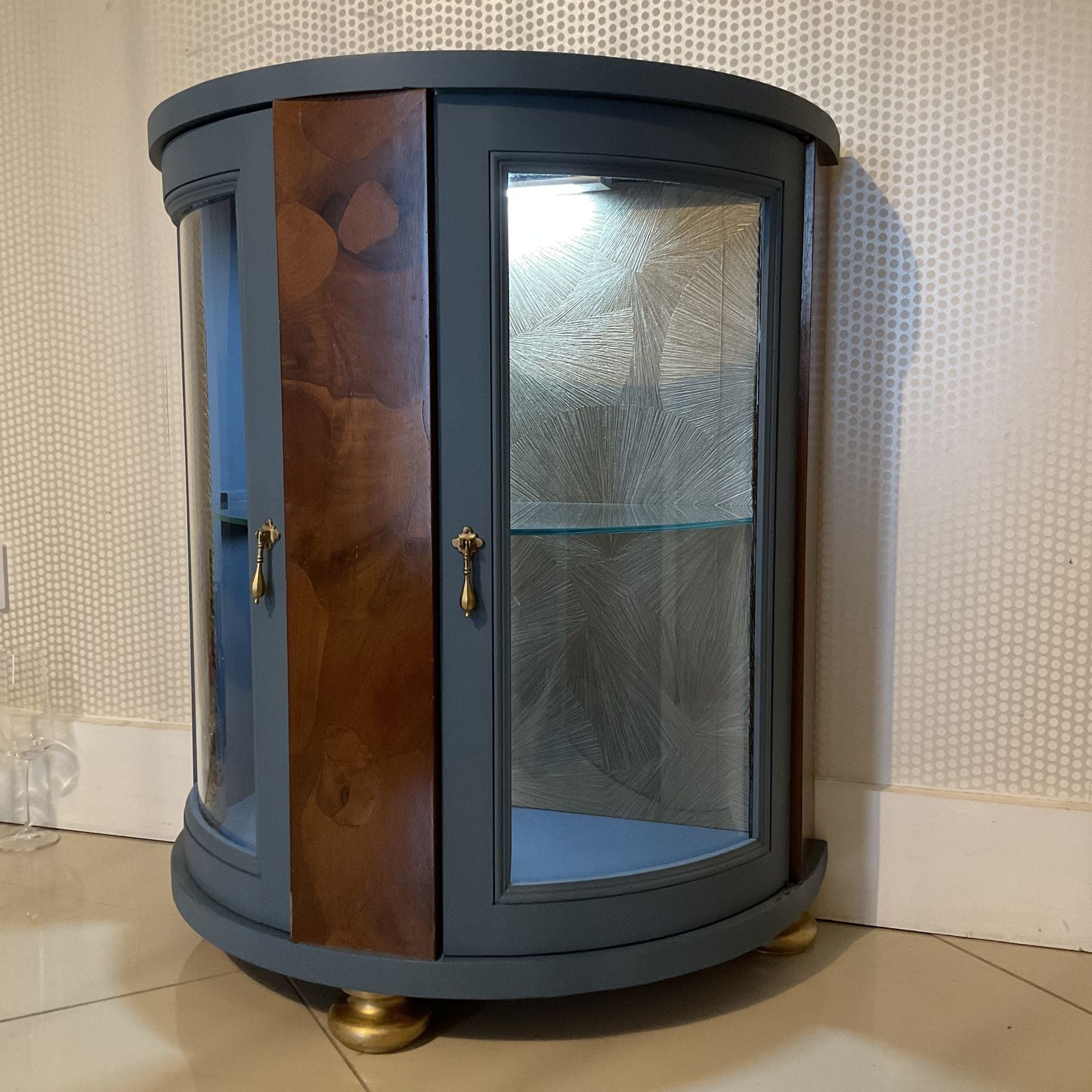 Vintage Drinks Cabinet   Curved Cocktail Bar In Deep Blue With Glass & Wood Detail photo furniture