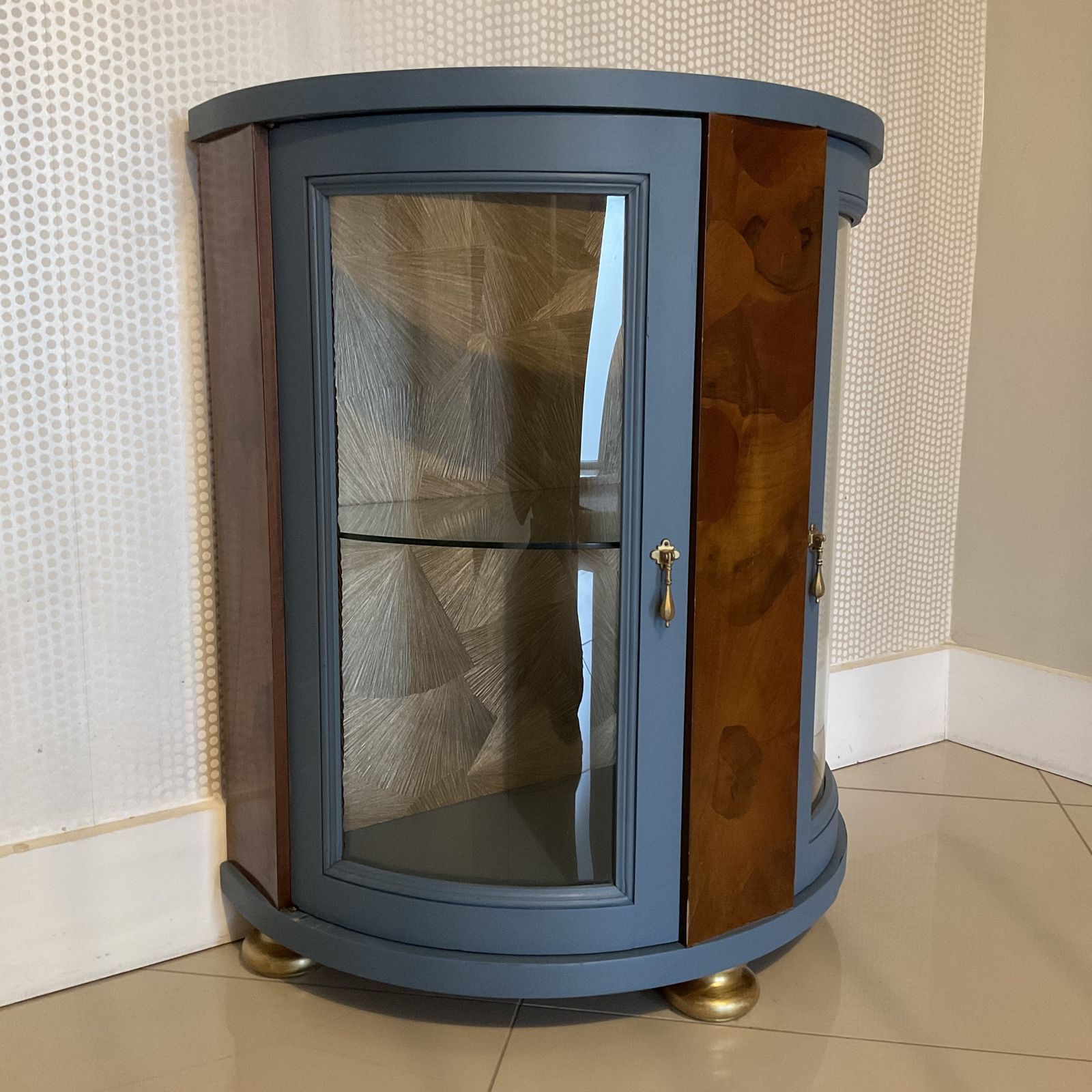 Vintage Drinks Cabinet   Curved Cocktail Bar In Deep Blue With Glass & Wood Detail photo vinterior