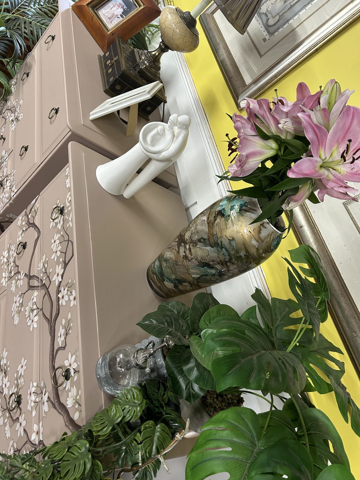 A Stunning And Unique Pair Of Teak Stag Minstrel Tallboy Chests Of Drawers With Cherry Blossom Chinoiserie. photo Furniture