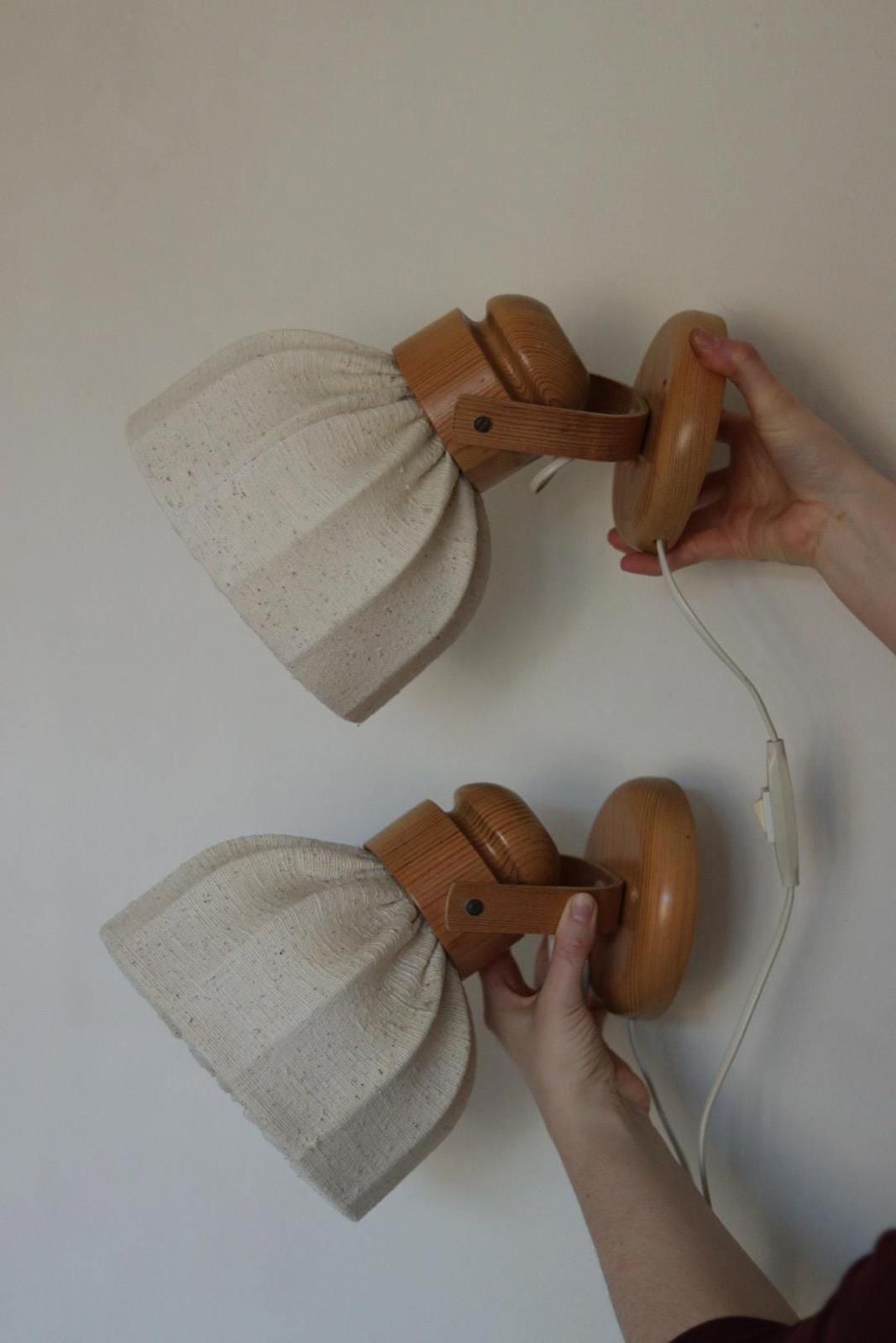Pair Of Vintage Wall Lamps By Solbackens Svarveri, Sweden, 1970s   Pine Wood photo furniture