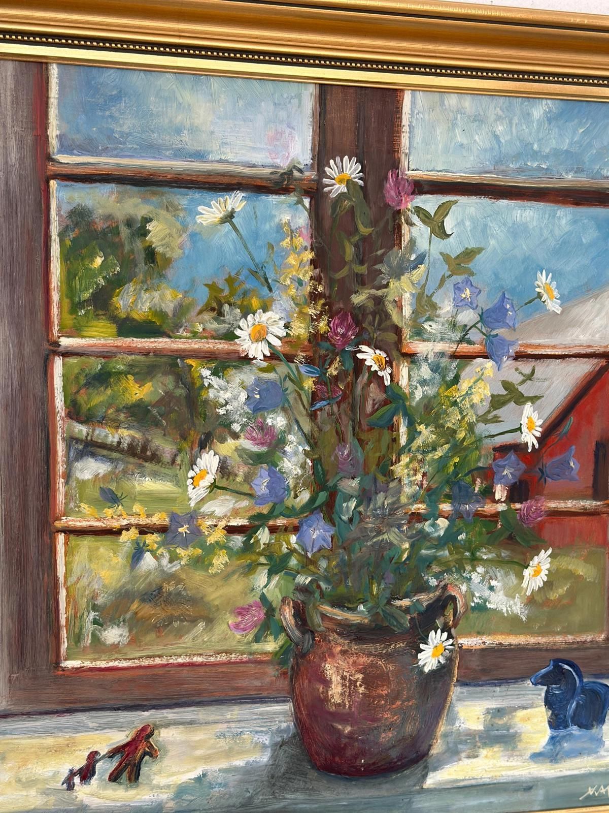 Original Mid Century Swedish Oil On Canvas – “Flowers By The Window” By Kaj Järpemark – Vintage & Framed – 64 × 56 Cm (25.2" × 22") photo vintage