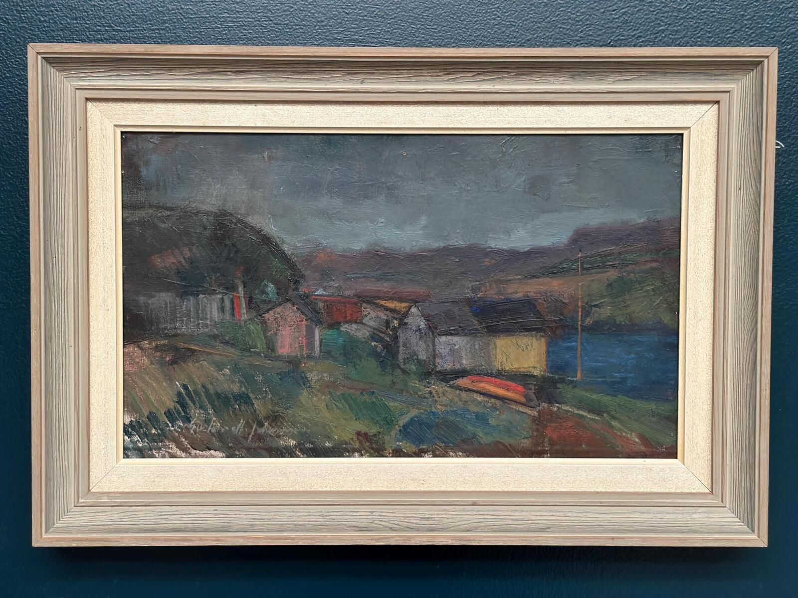 Original Mid Century Swedish Oil On Canvas – “Village” By Gustav Adolf Johansson – Vintage & Framed – Approx. 35.5 × 52.5 Cm (14" × 20.7") photo furniture