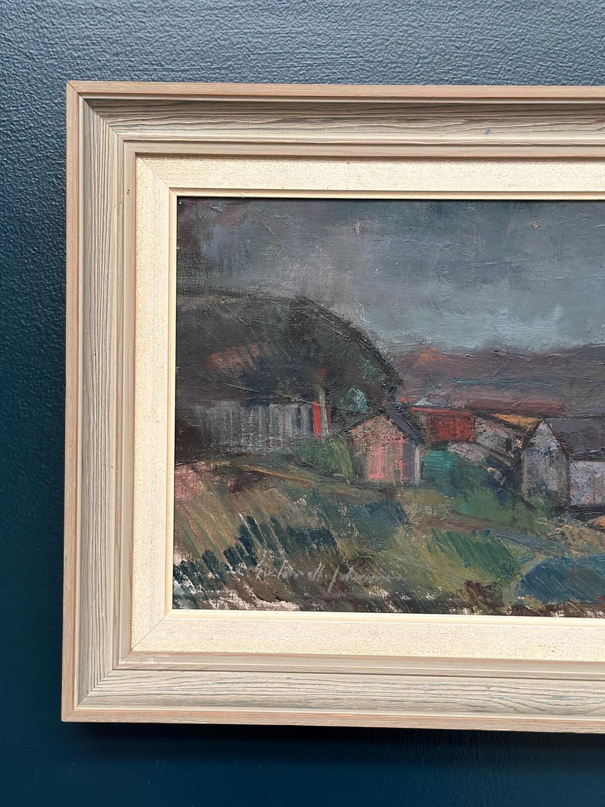 Original Mid Century Swedish Oil On Canvas – “Village” By Gustav Adolf Johansson – Vintage & Framed – Approx. 35.5 × 52.5 Cm (14" × 20.7") photo vinterior