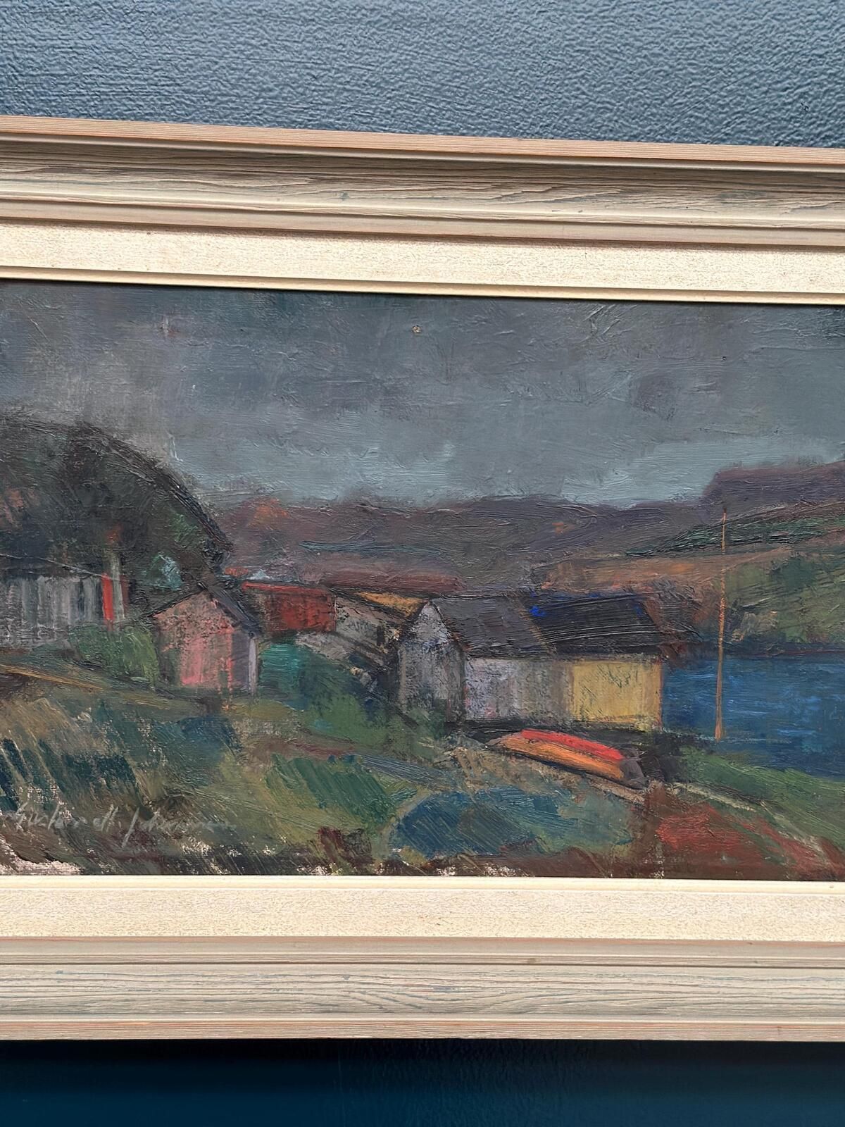 Original Mid Century Swedish Oil On Canvas – “Village” By Gustav Adolf Johansson – Vintage & Framed – Approx. 35.5 × 52.5 Cm (14" × 20.7") photo buy
