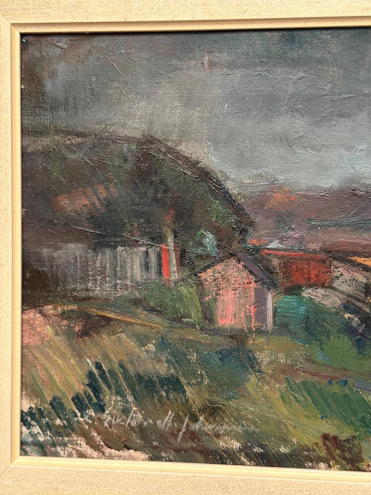 Art Original Mid Century Swedish Oil On Canvas – “Village” By Gustav Adolf Johansson – Vintage & Framed – Approx. 35.5 × 52.5 Cm (14" × 20.7") photo